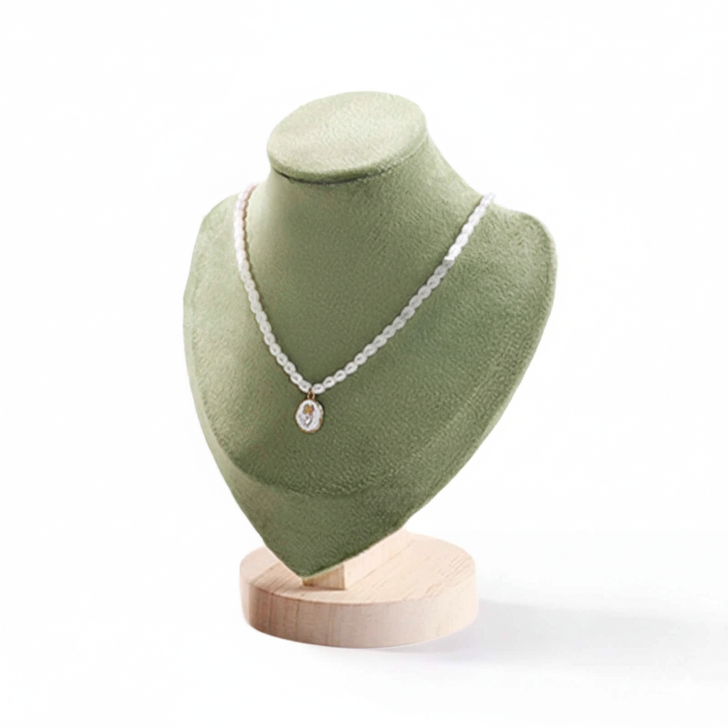Présentoir Collier Vert Velours & Bois 18 × 14 cm