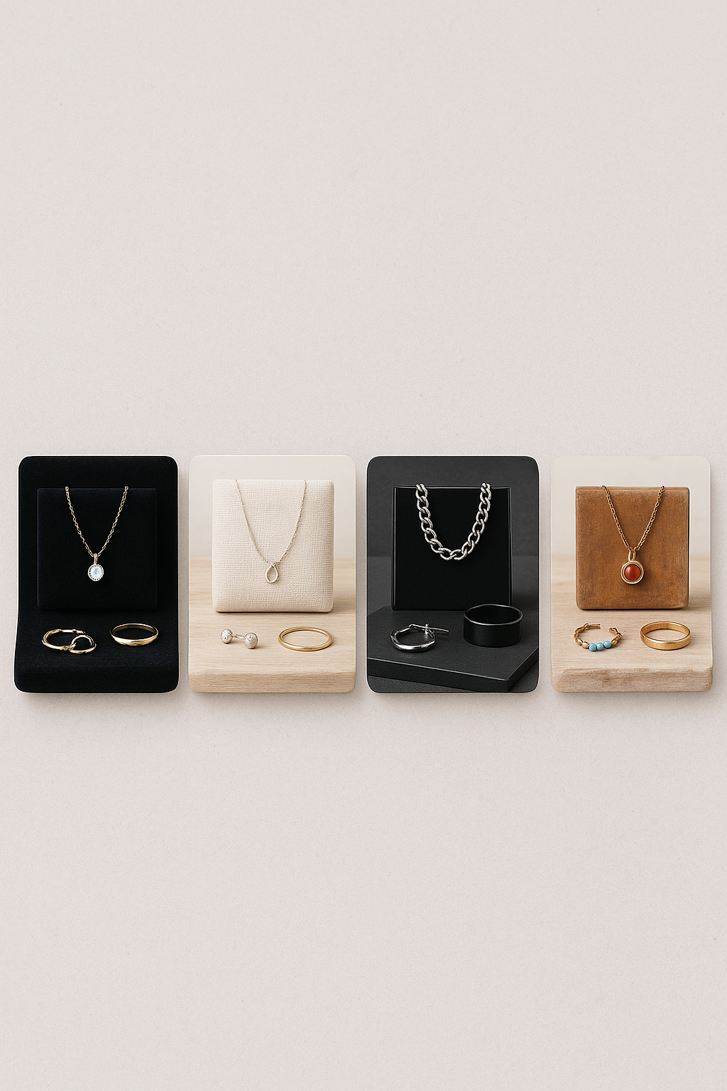 Cinq univers de marque bijoux et leurs présentoirs typiques