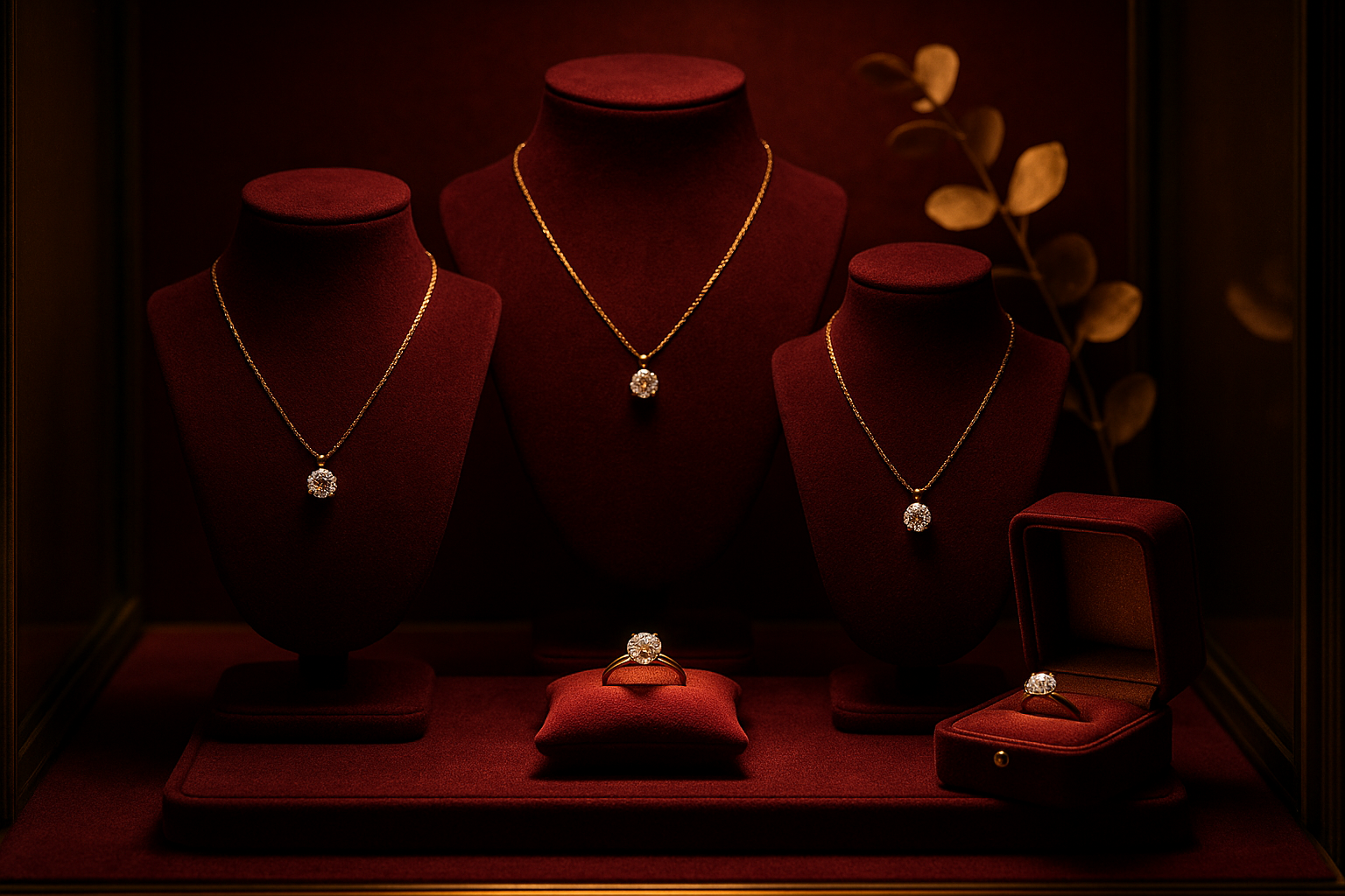 Vitrine de joaillerie de luxe velours bordeaux et or solitaire diamant