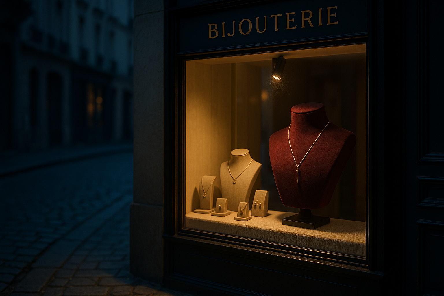 Vitrine de bijouterie haut de gamme illuminée la nuit dans une rue parisienne