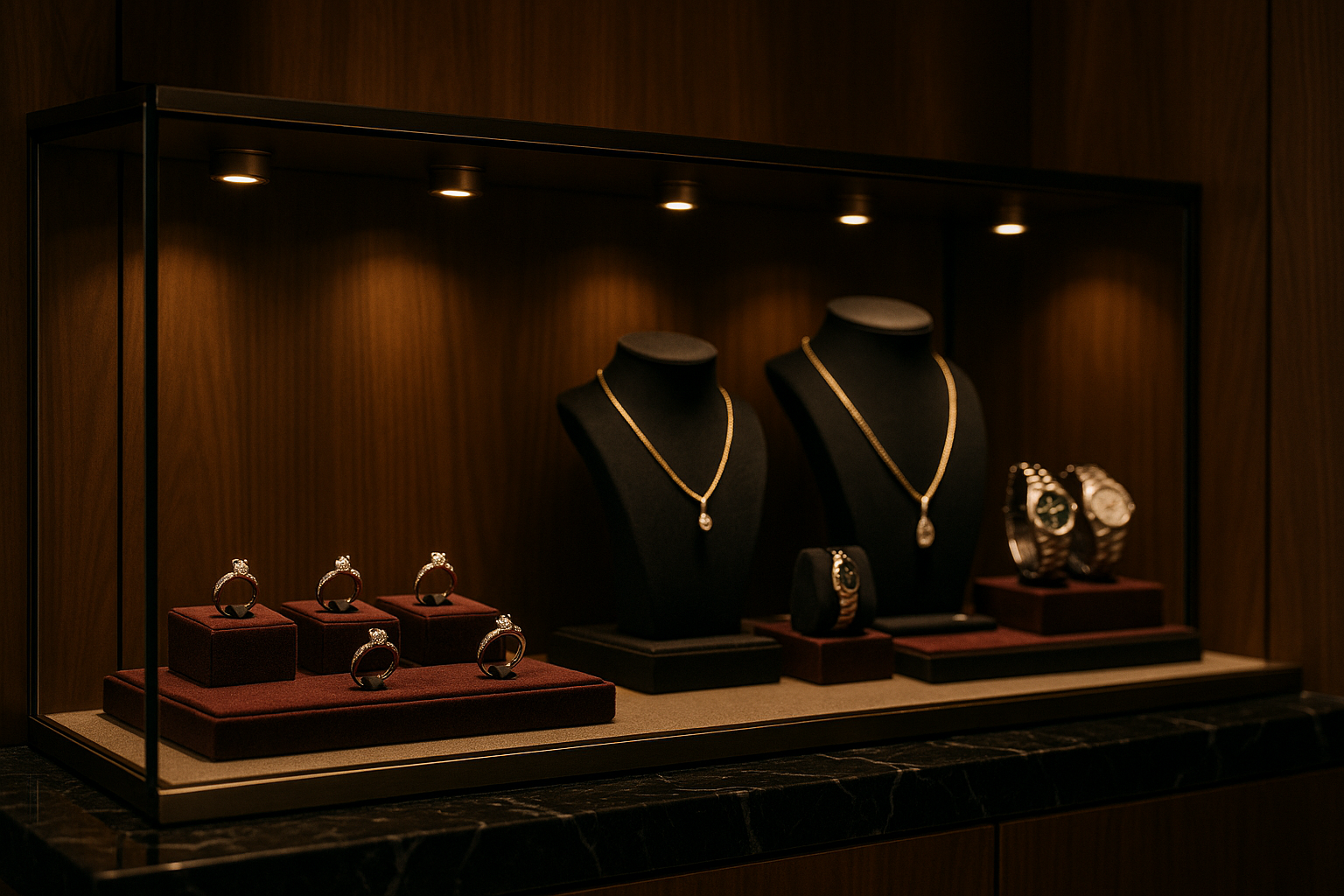 Vitrine de bijouterie classique avec présentoirs velours bordeaux et noir