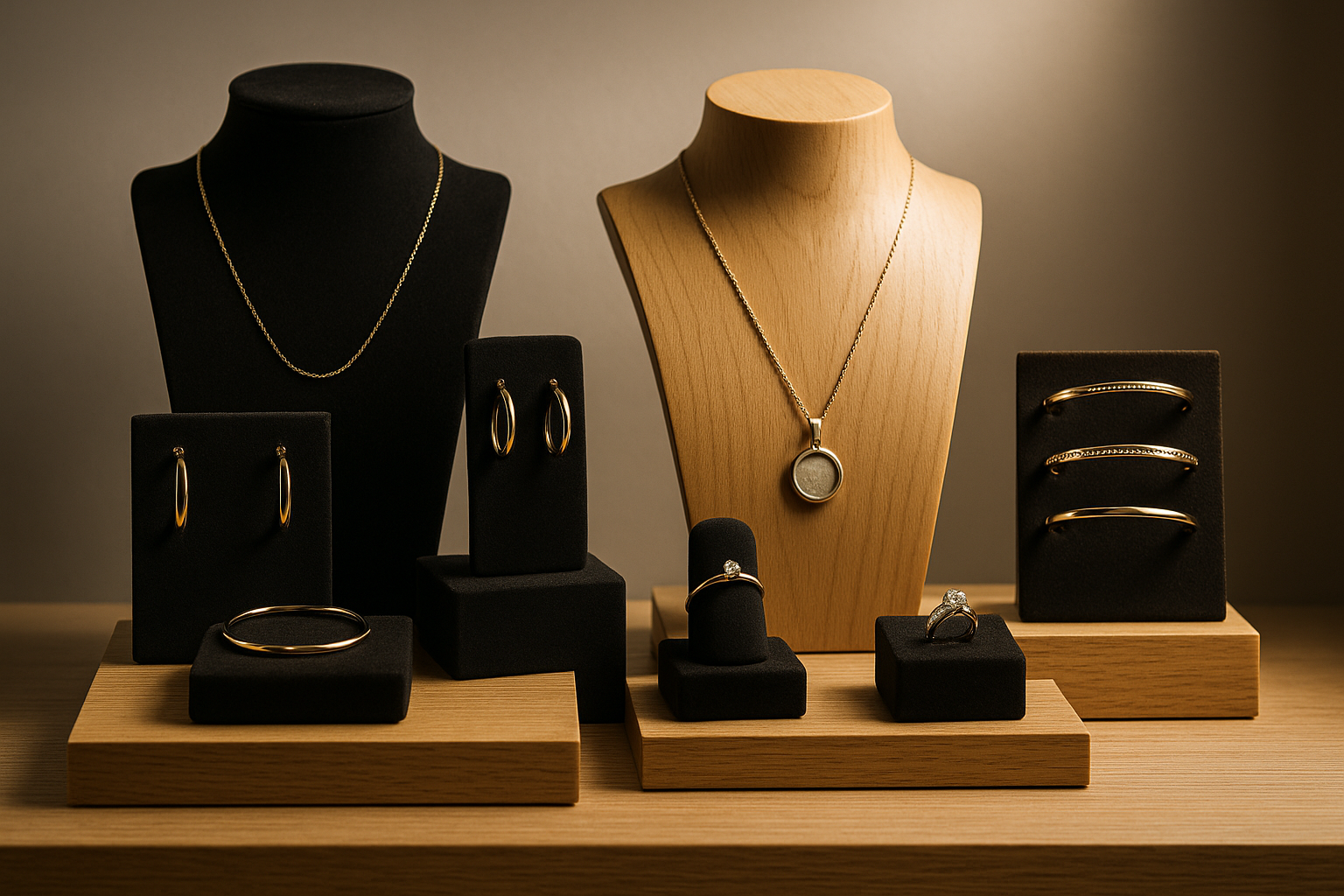 Vitrine de bijouterie professionnelle avec présentoirs en velours noir et bois clair