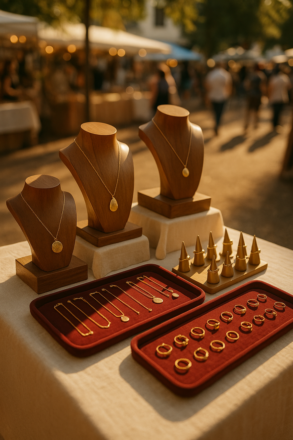 Stand de bijoux artisanal bien organisé sur un marché en plein air avec présentoirs variés
