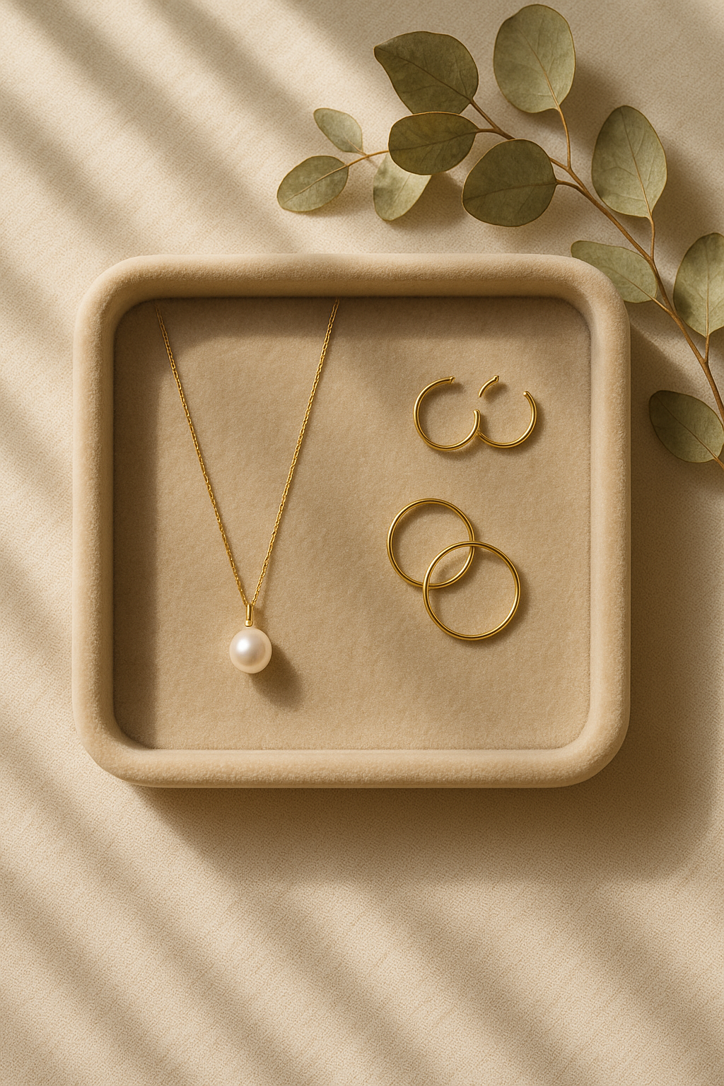 Flat lay bijoux dorés sur plateau velours beige pour Instagram