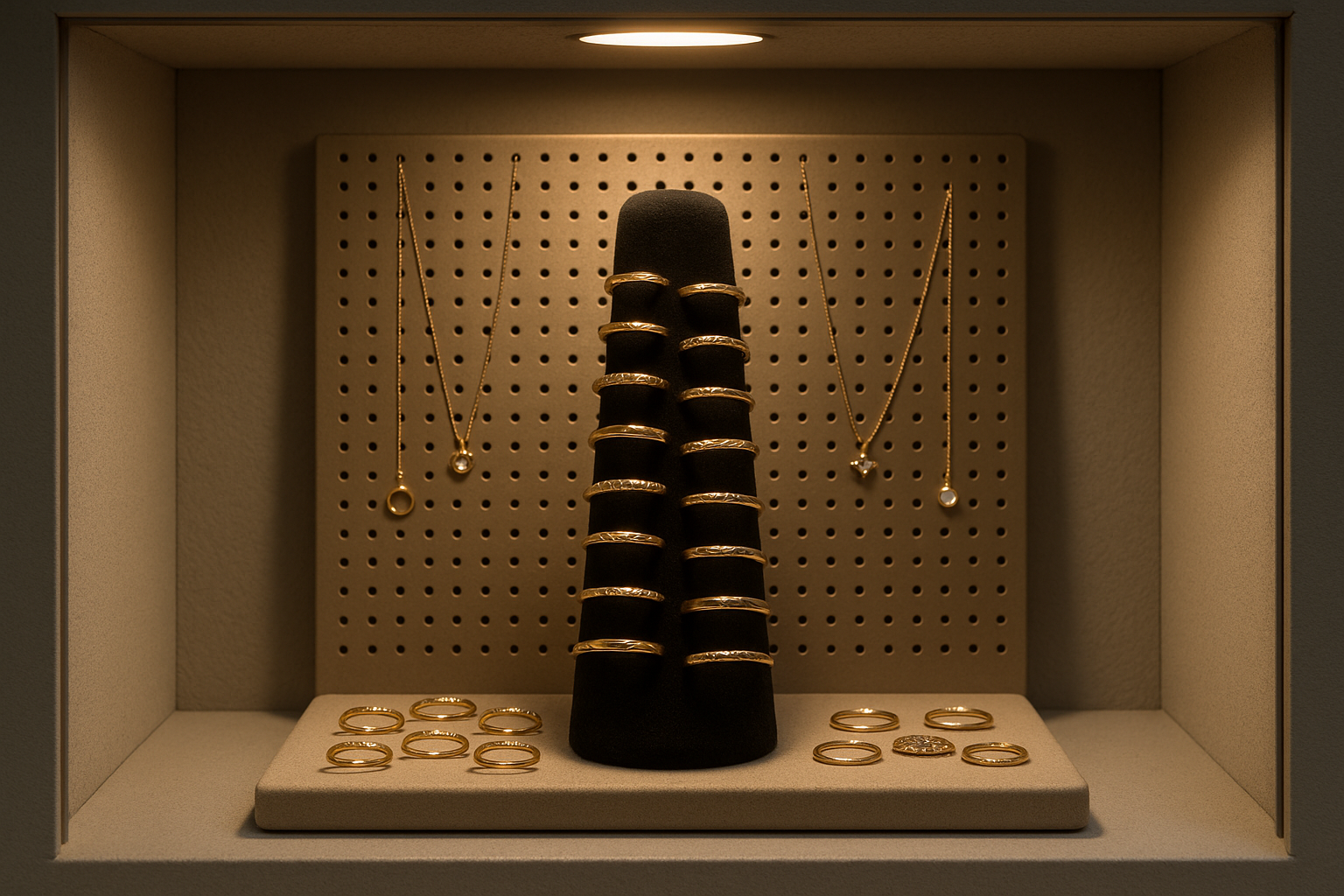 Mini-vitrine bijouterie optimisée avec tour à bagues et plaque murale