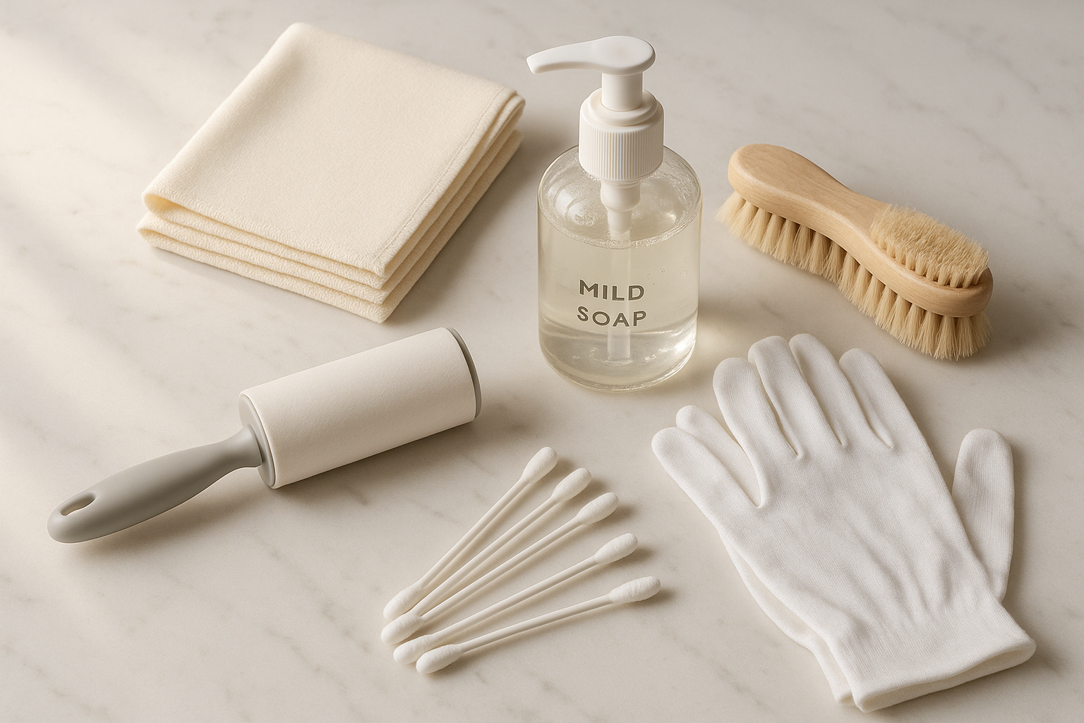 Kit complet d'entretien pour présentoirs à bijoux sur marbre blanc