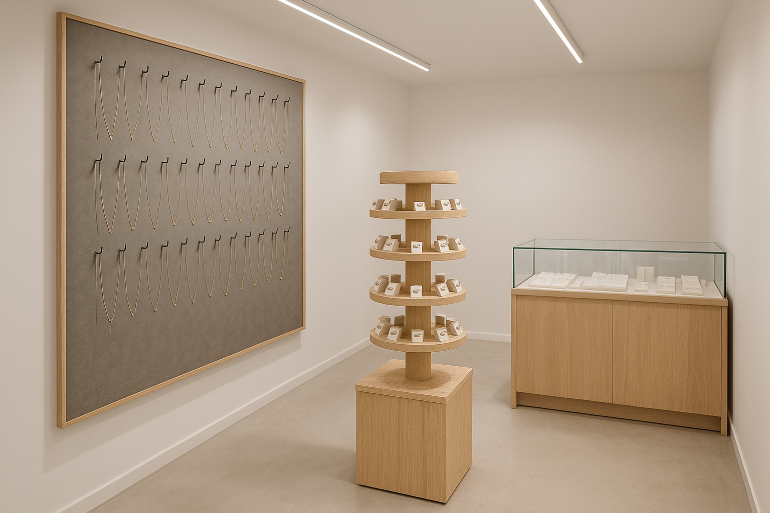 Petite boutique de bijoux optimisée avec présentoirs verticaux et tour rotative