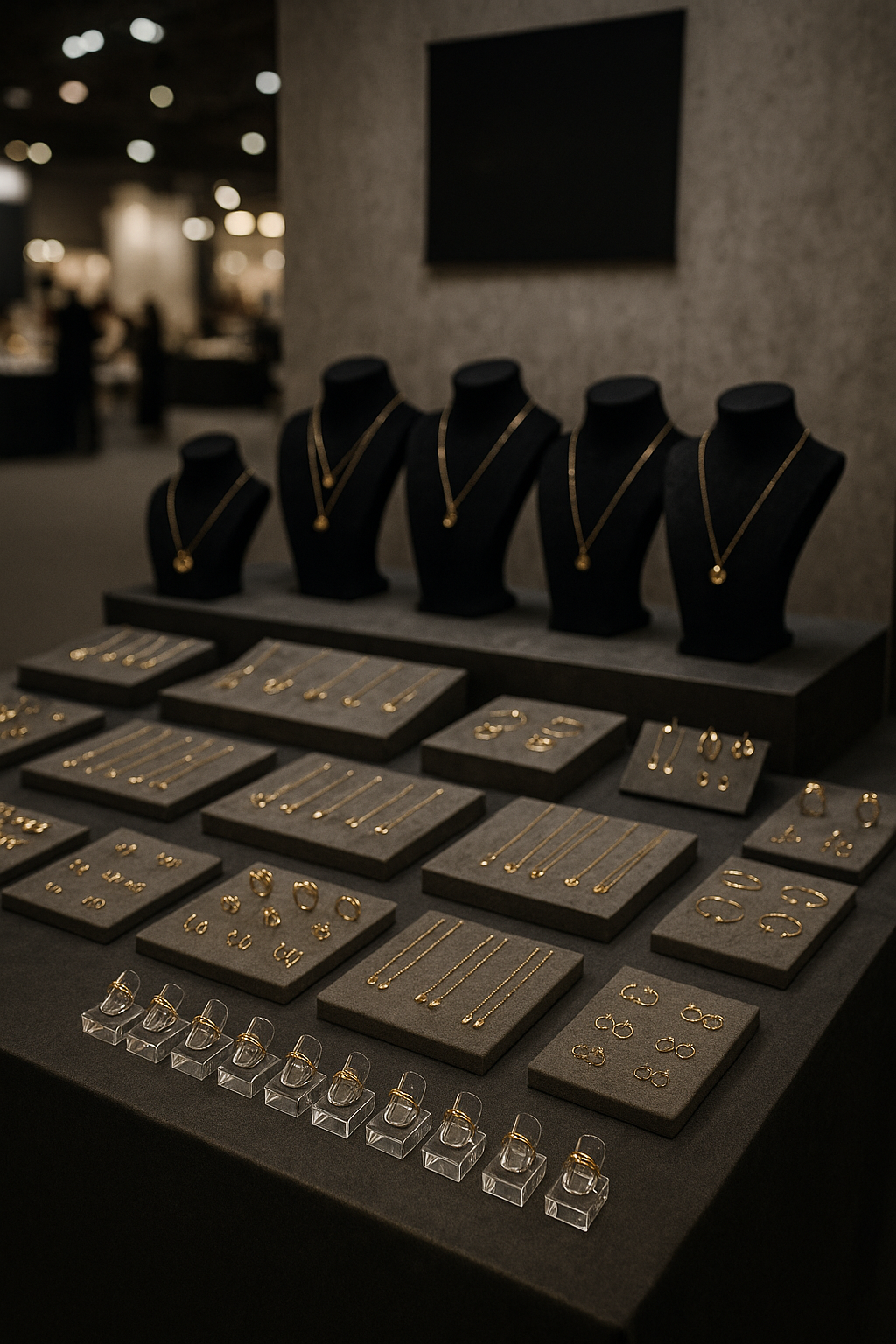 Stand de bijoux professionnel structuré sur trois niveaux dans un salon