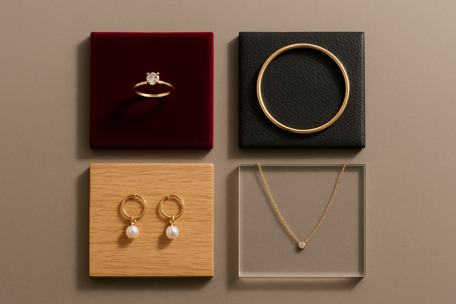 Quatre matières de présentoirs à bijoux comparées : velours simili bois acrylique