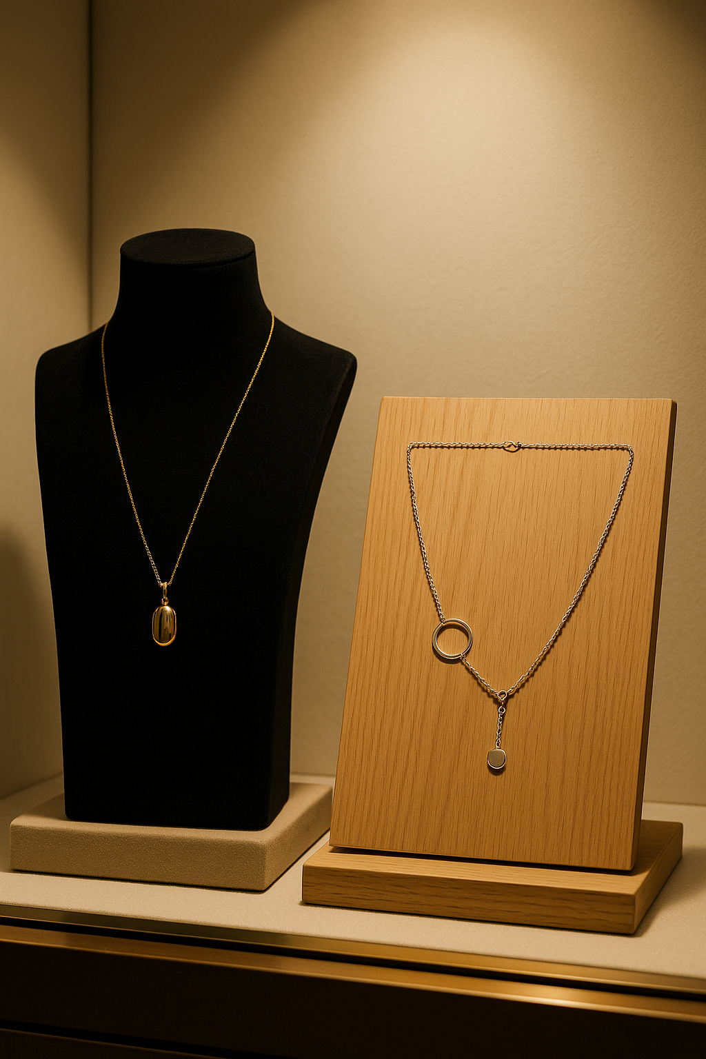Comparaison présentoir buste collier et support plat pour collier