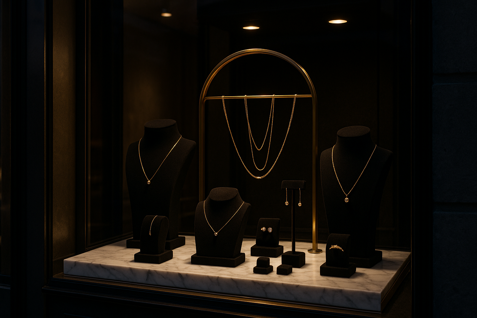 Vitrine de bijouterie haut de gamme avec présentoirs esthétiques velours marbre et laiton