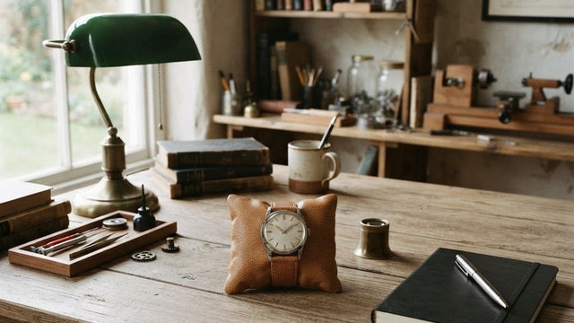 Bureau d'atelier avec une montre automatique sur un coussin de cuir fauve, une loupe, un carnet fermé et une lampe en verre vert