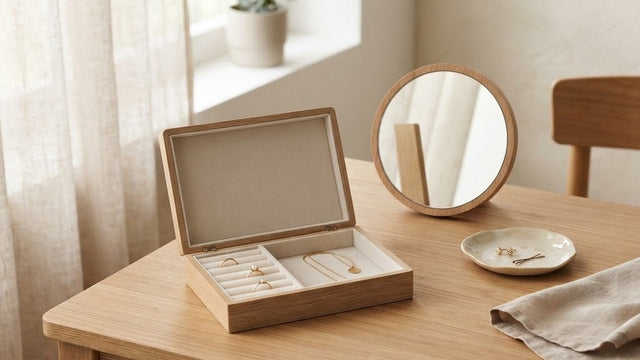 Coiffeuse en chêne clair avec une boîte à bijoux ouverte garnie de velours crème, quelques bagues et chaînes dorées, un petit miroir et un chiffon doux