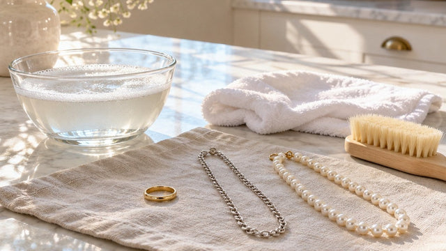 Table de cuisine lumineuse avec un petit bol d'eau savonneuse tiède, un chiffon blanc, une brosse souple, une bague en or, une chaîne en argent et un collier de perles sur une serviette en lin