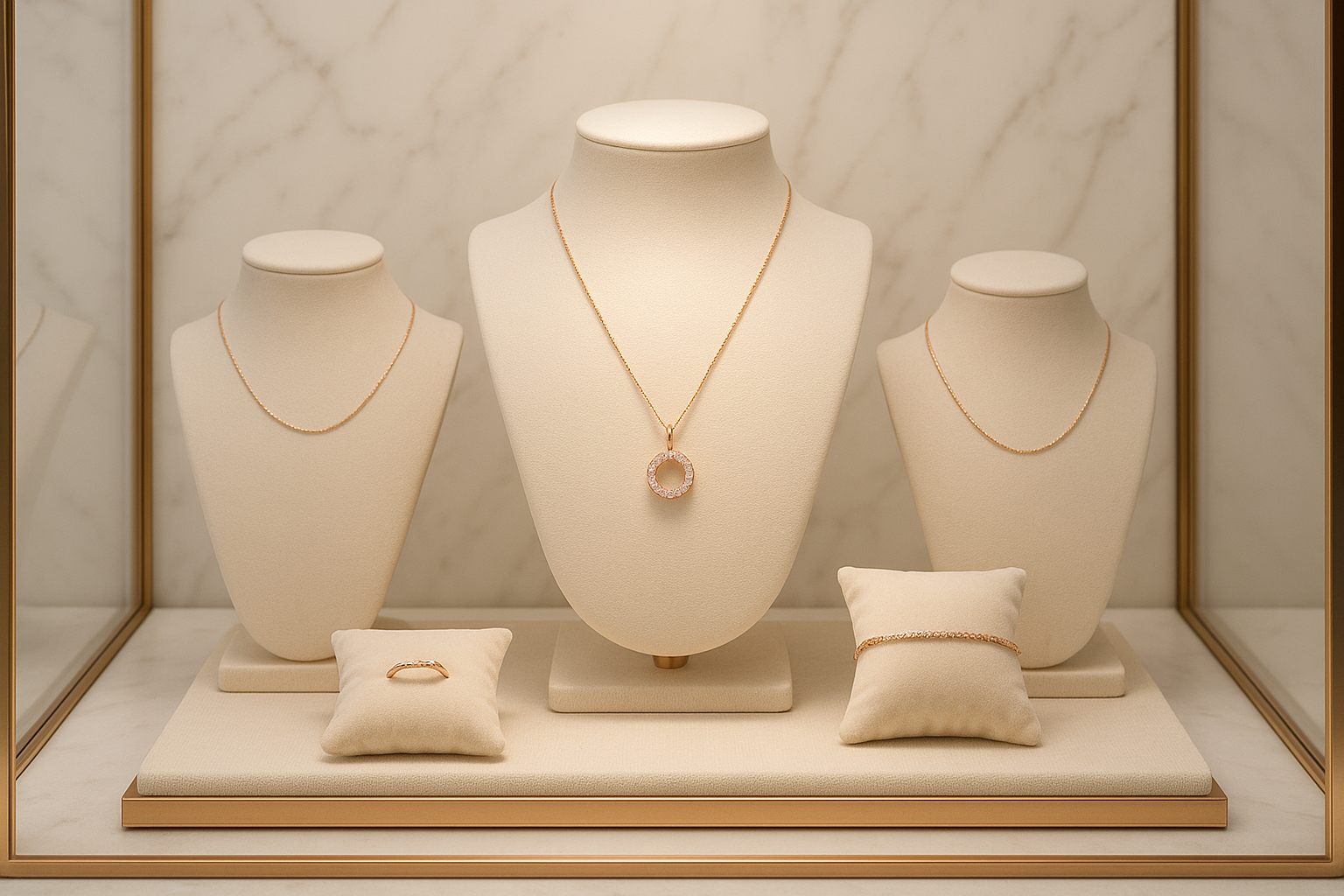 Vitrine de bijoux élégante minimaliste palette marbre or rose et crème