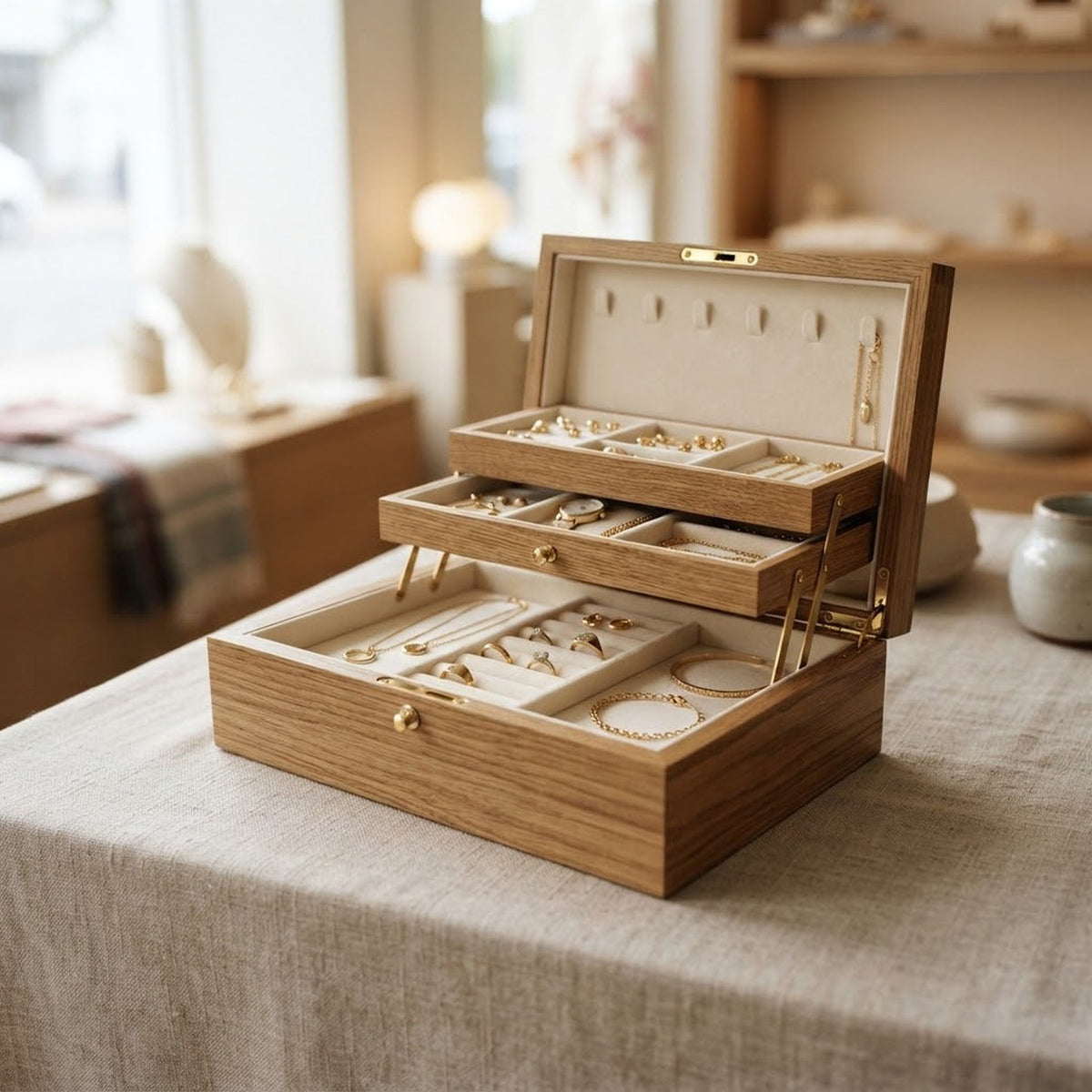Boîte à bijoux en bois à plateaux ouverte sur une table en lin