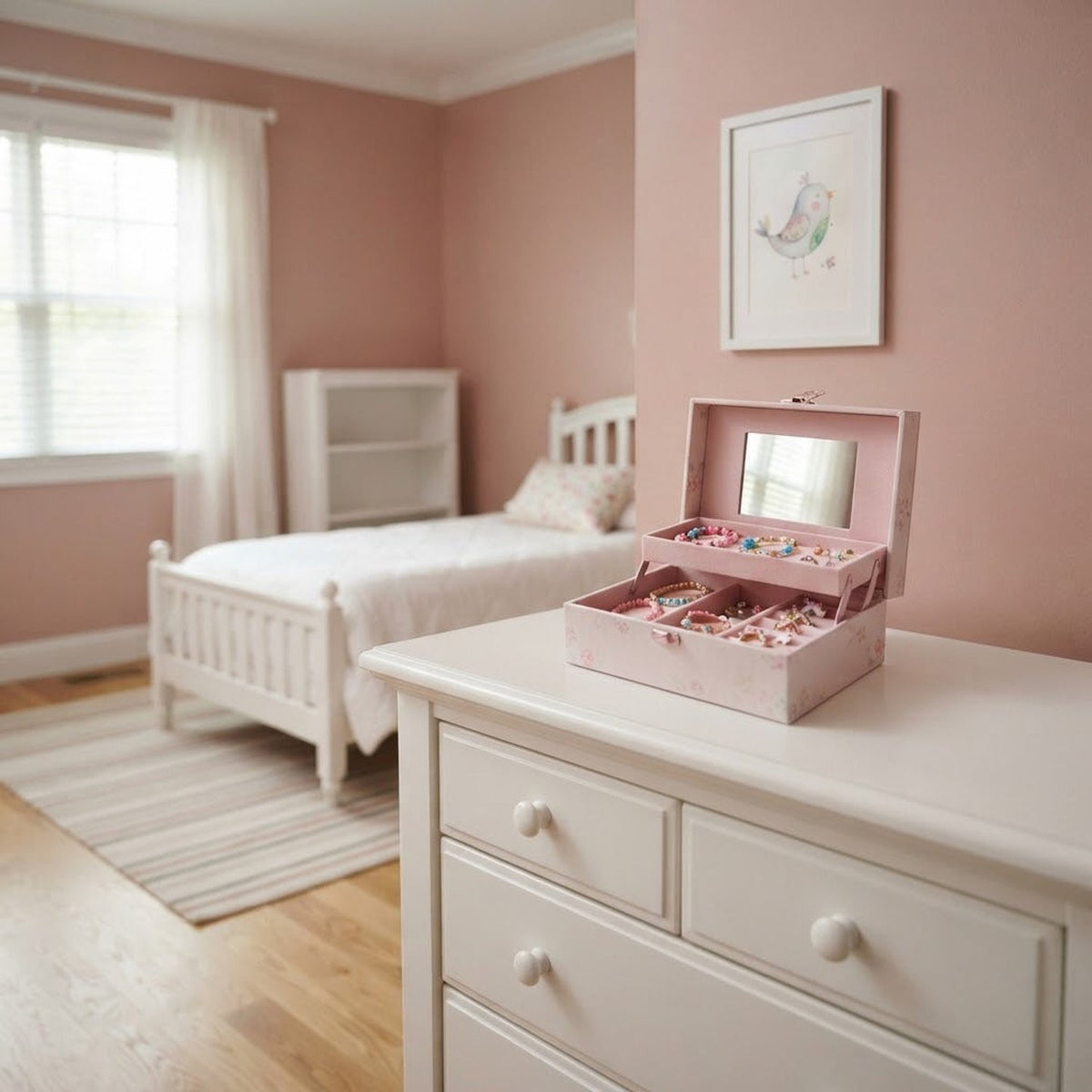 Boîte à bijoux rose pour enfant posée sur une commode blanche