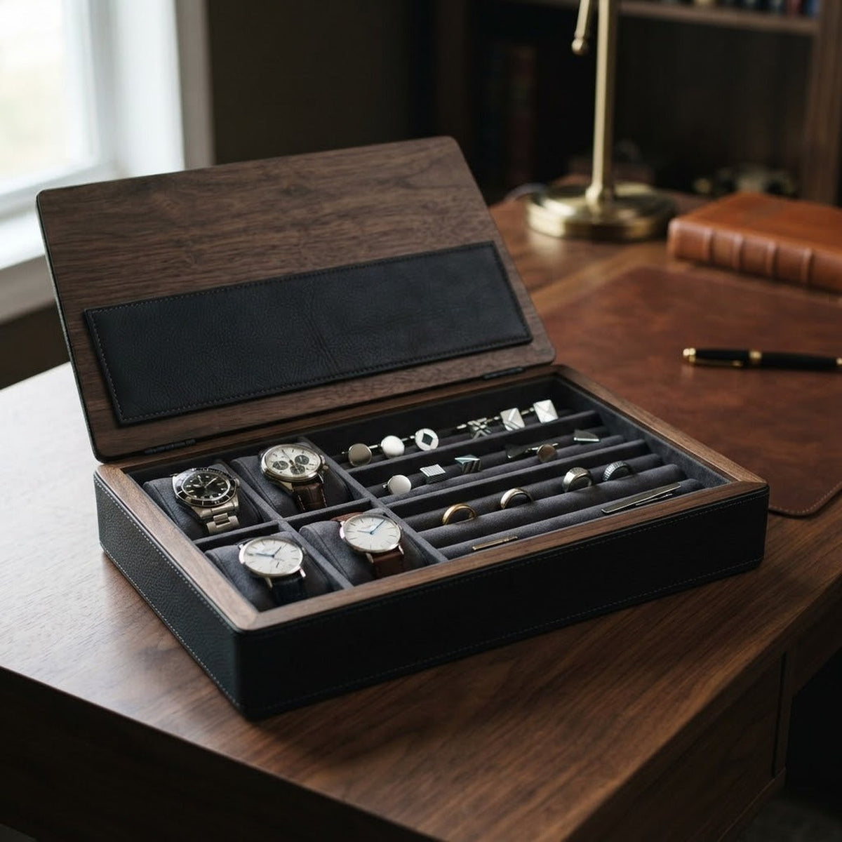 Boîte à bijoux homme en bois foncé avec montres et boutons de manchette