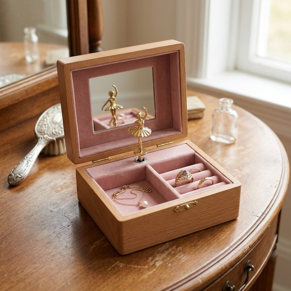 Boîte à bijoux musicale en bois avec ballerine et miroir