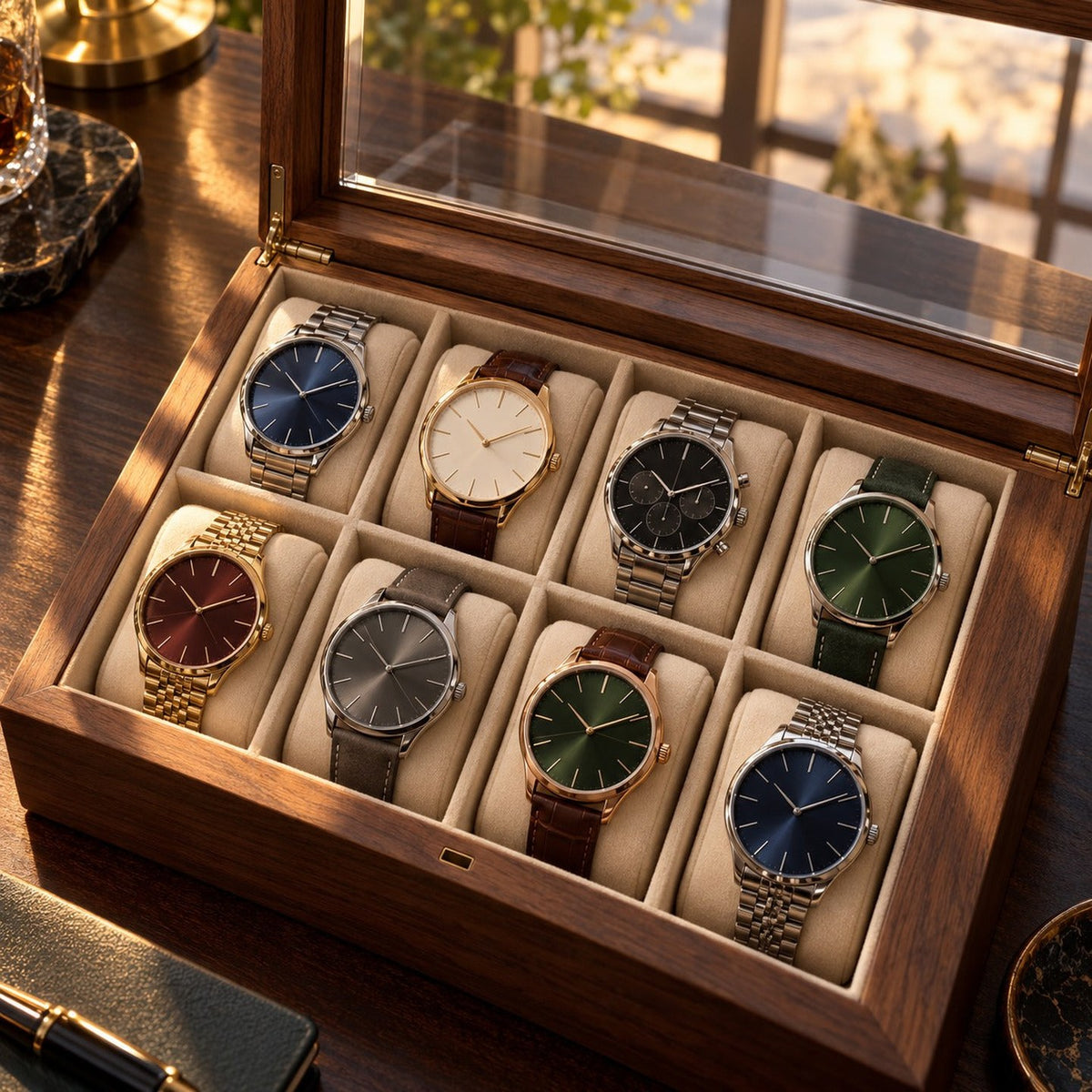 Boîte à montres en noyer avec couvercle vitré et huit montres sur coussins