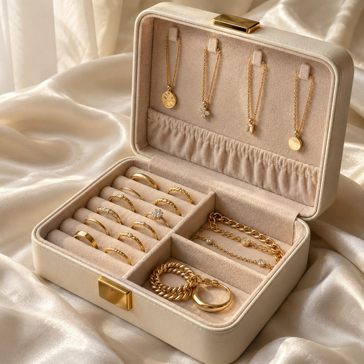 Coffret à bijoux ivoire ouvert avec colliers suspendus et rangée de bagues