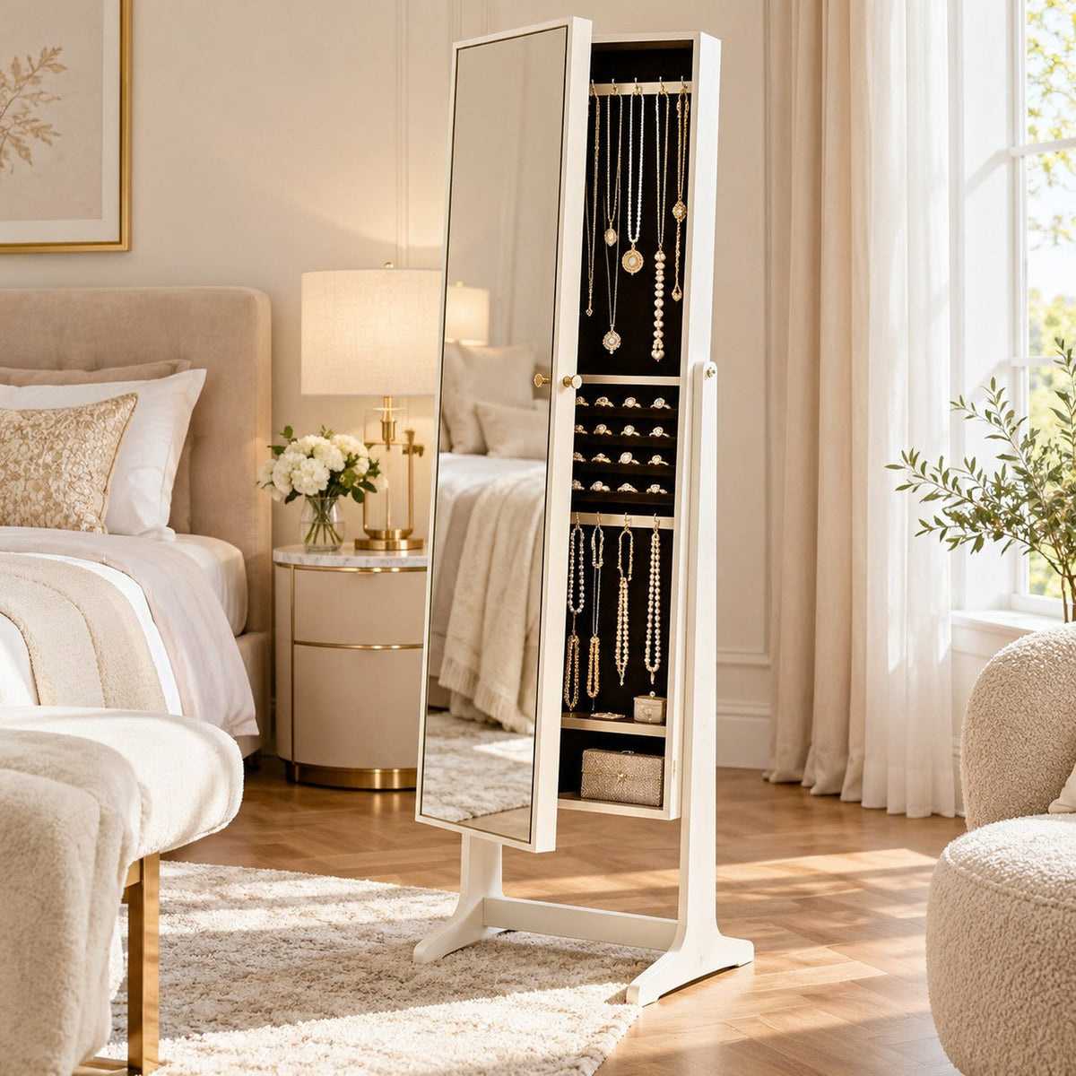 Miroir sur pied avec armoire à bijoux ouverte dans une chambre lumineuse