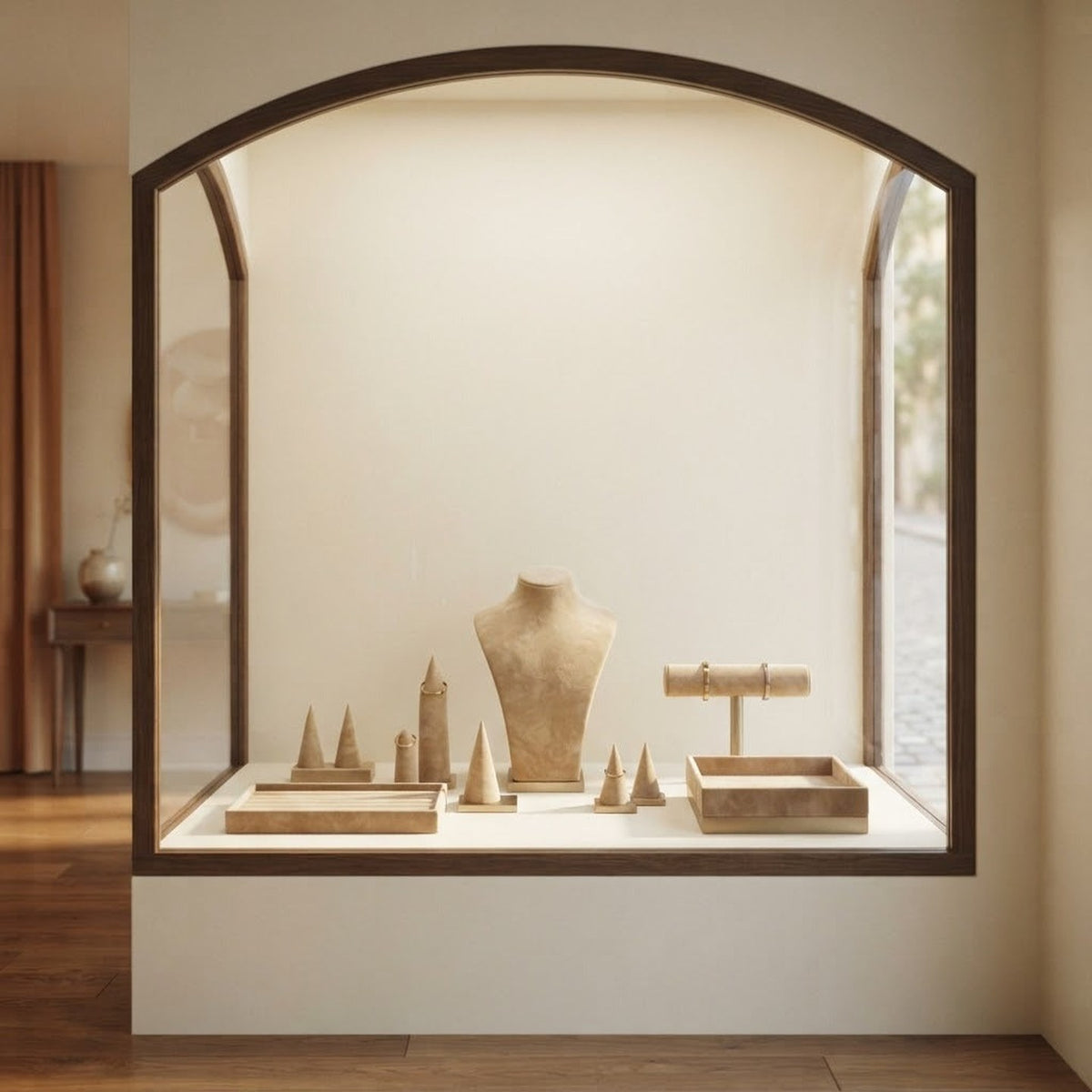 Vitrine de boutique avec buste à collier, cônes à bagues et barre à bracelets