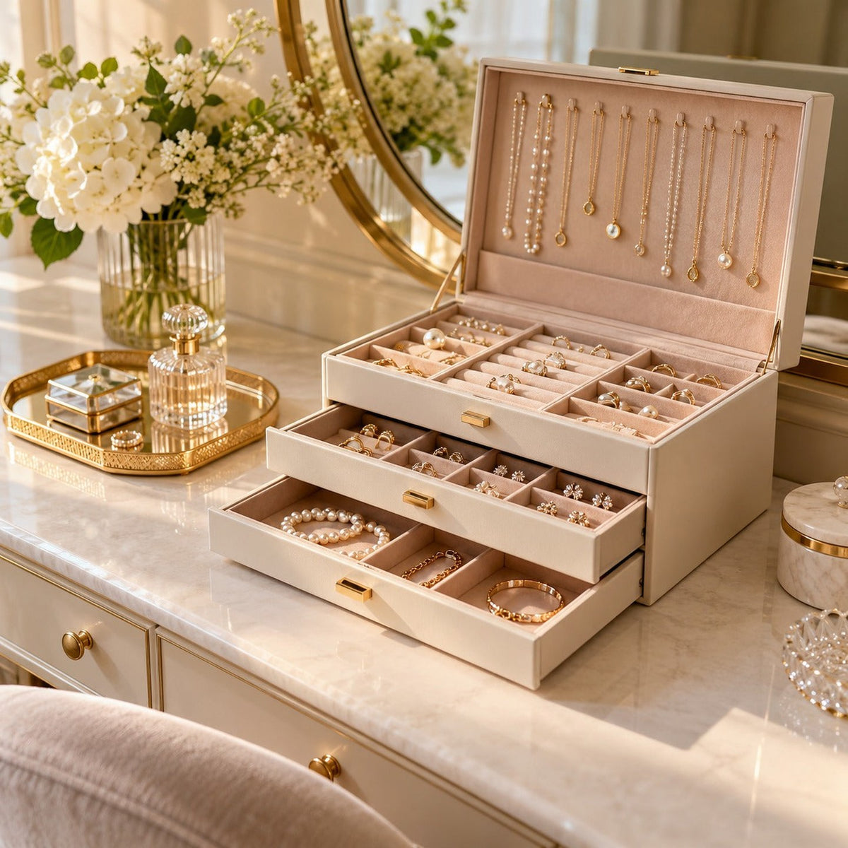 Boîte de rangement à bijoux à tiroirs ouverte sur une coiffeuse claire