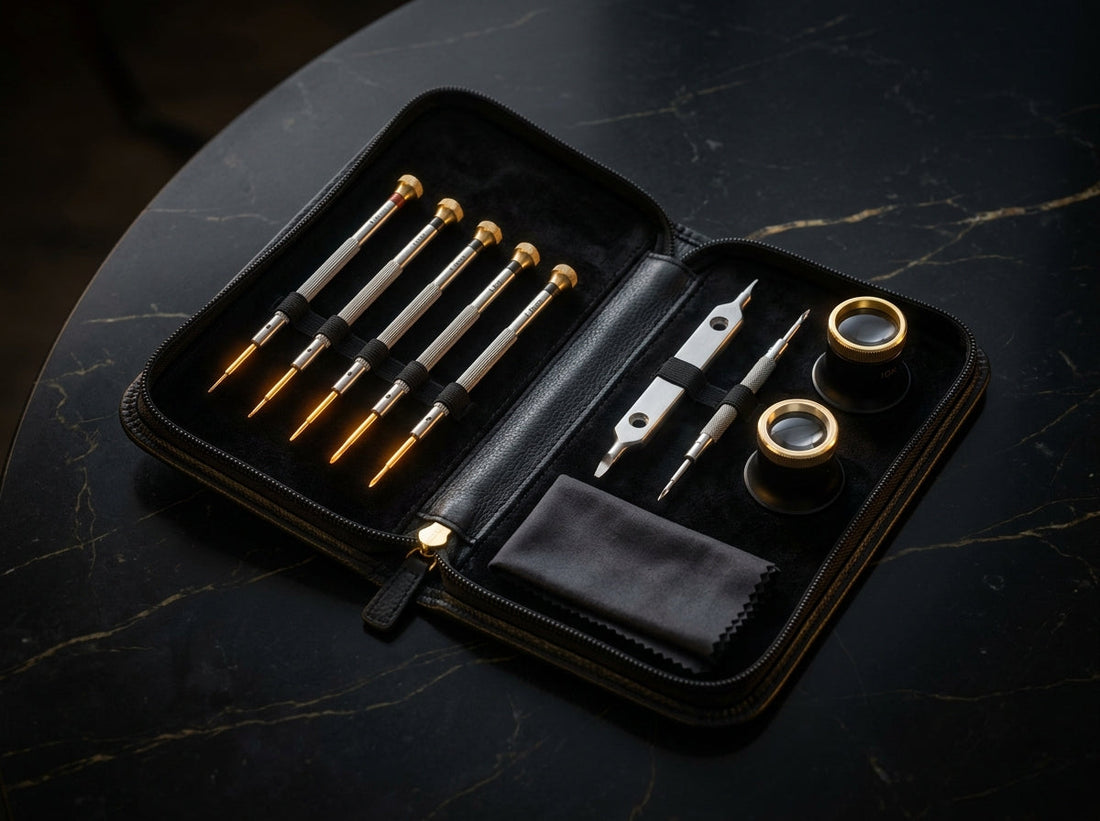 Kit outils horloger – Pochette zippée ouverte avec outils d'horloger et chiffon