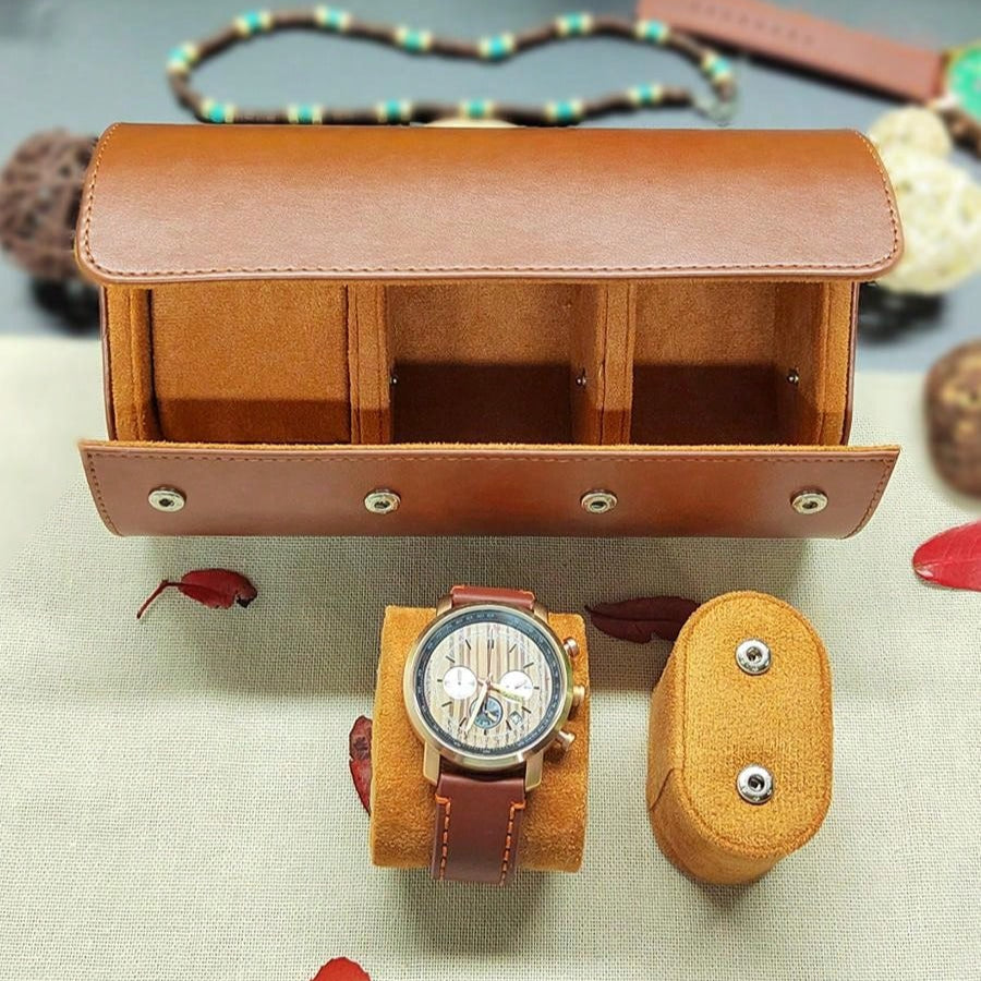 Etui Montre Cuir Lisse Noir Marron Voyage