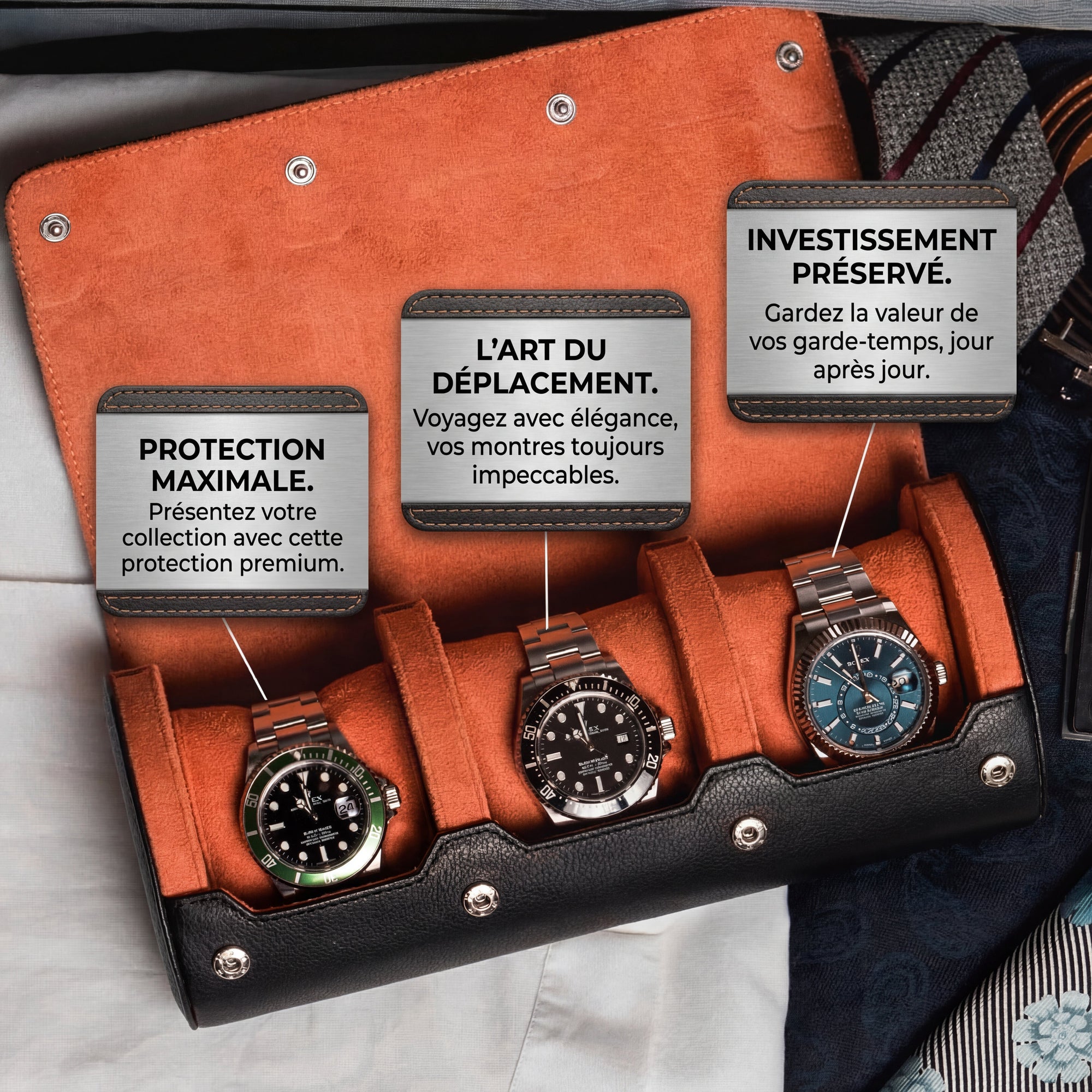 Étui Montre Cuir Velours Orange 3 Places