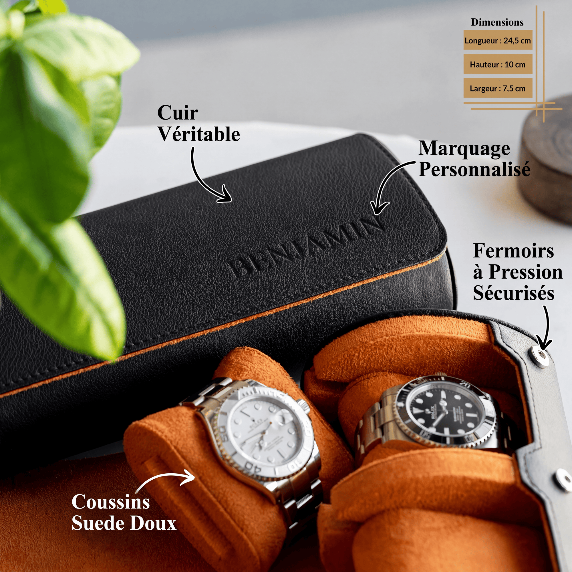 Étui Montre Cuir Velours Orange 3 Places
