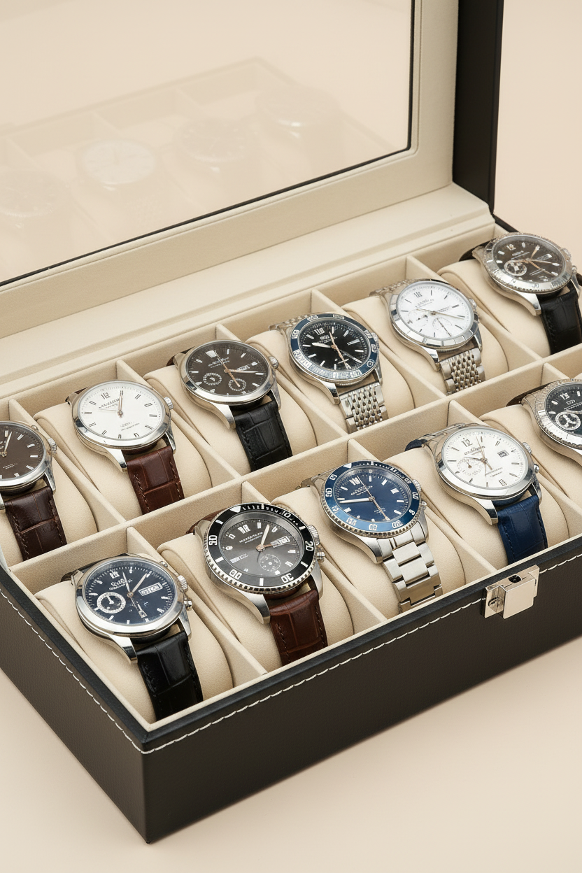 Boîte à Montre Cuir 12 Places Noir Luxa Vitrage