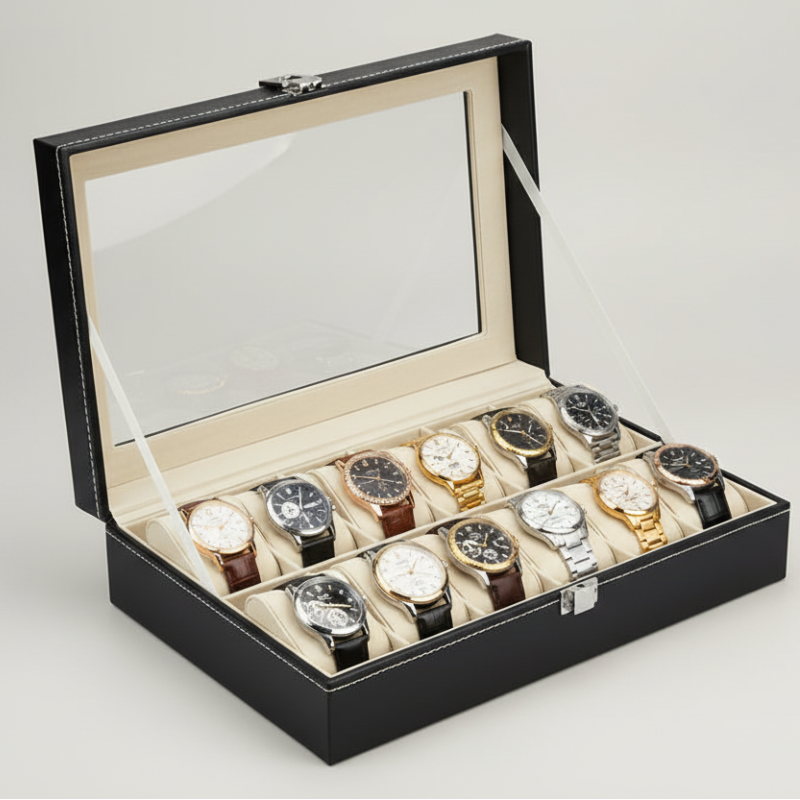 Boîte à Montre Cuir 12 Places Noir Luxa Vitrage