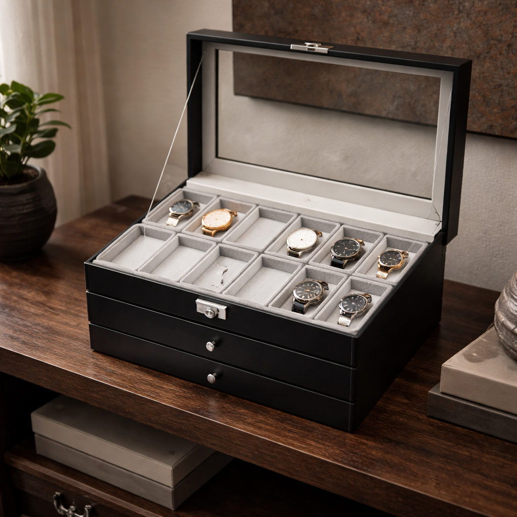 Coffret Montres Cuir Bijoux Lunettes 3 Niveaux