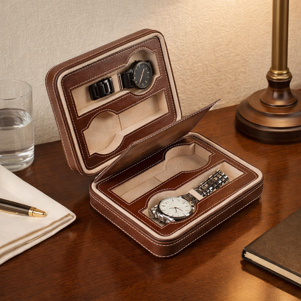 Étui Voyage Montre Cuir Marron Multi-Places