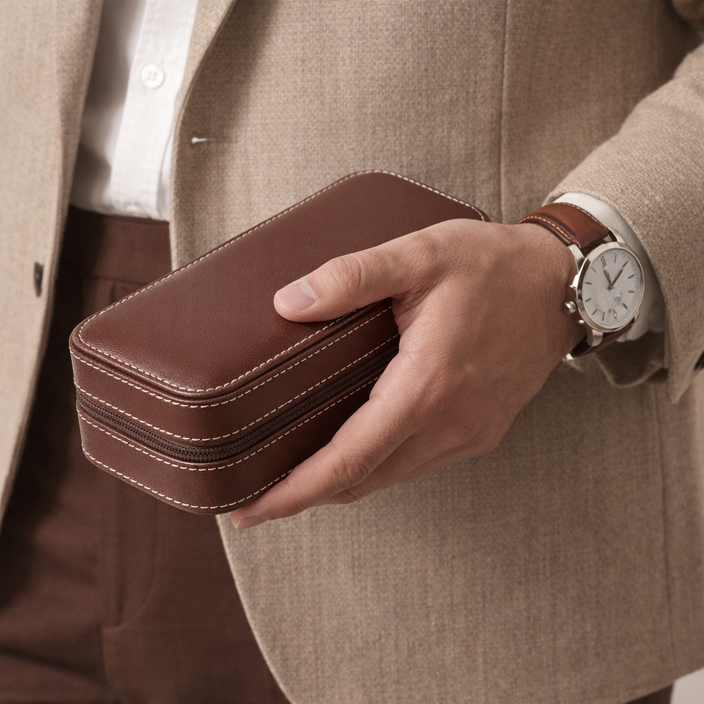 Étui Voyage Montre Cuir Marron Multi-Places