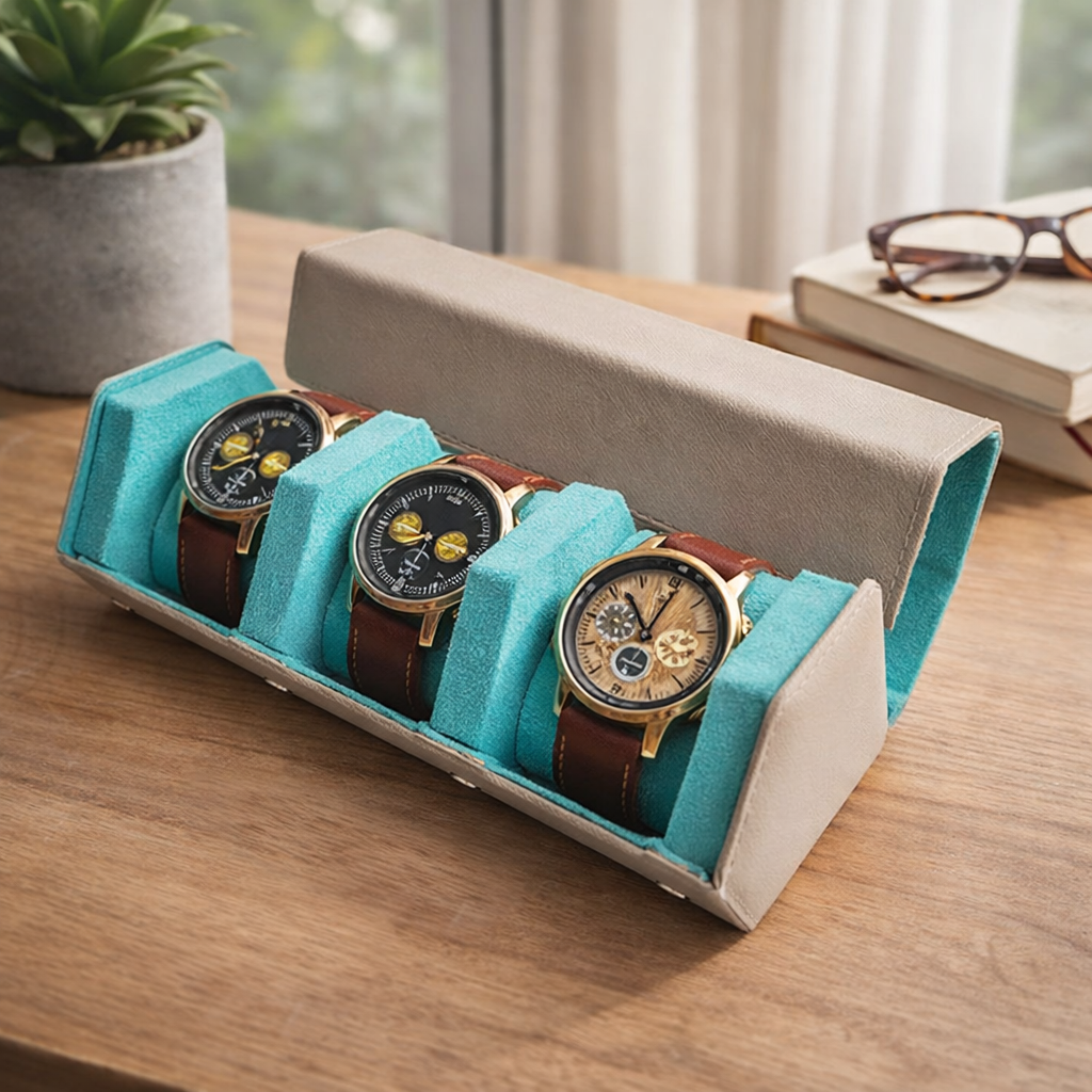 Étui Montre Cuir Roulé Bleu Ciel Vintage
