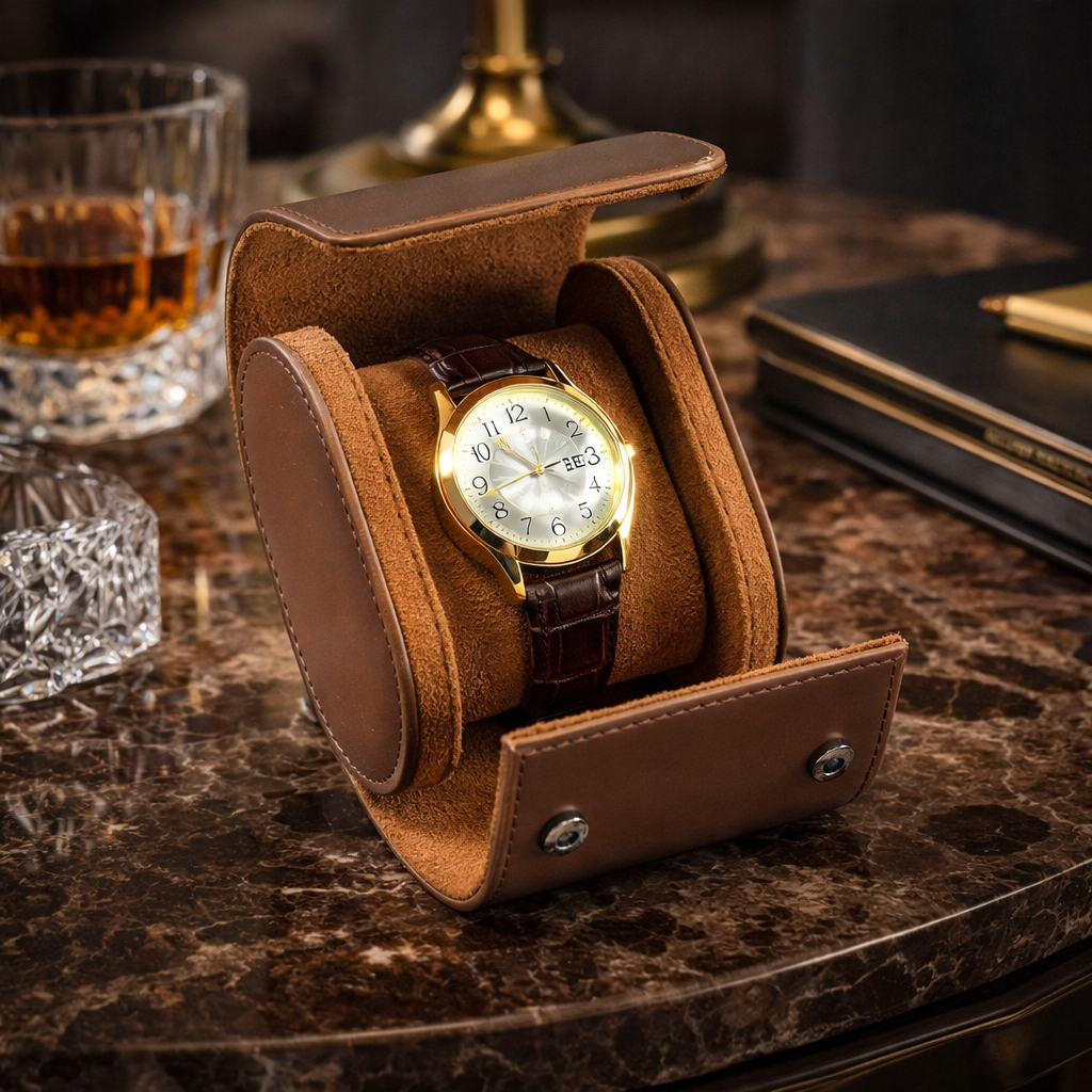 Étui Montre Cuir Roulé Voyage Vintage Marron