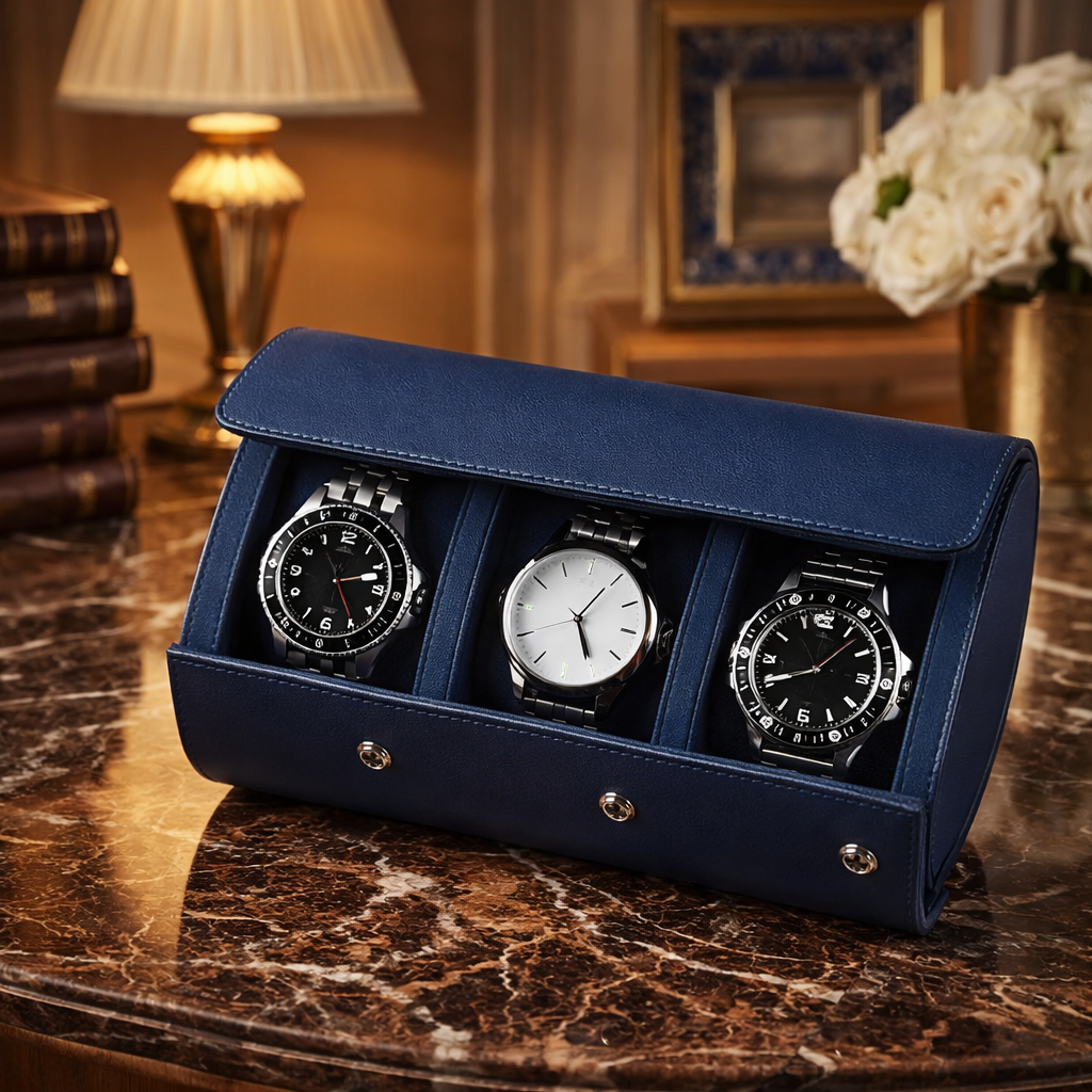 Étui Montre Cuir Vintage Bleu 1 2 3 Places