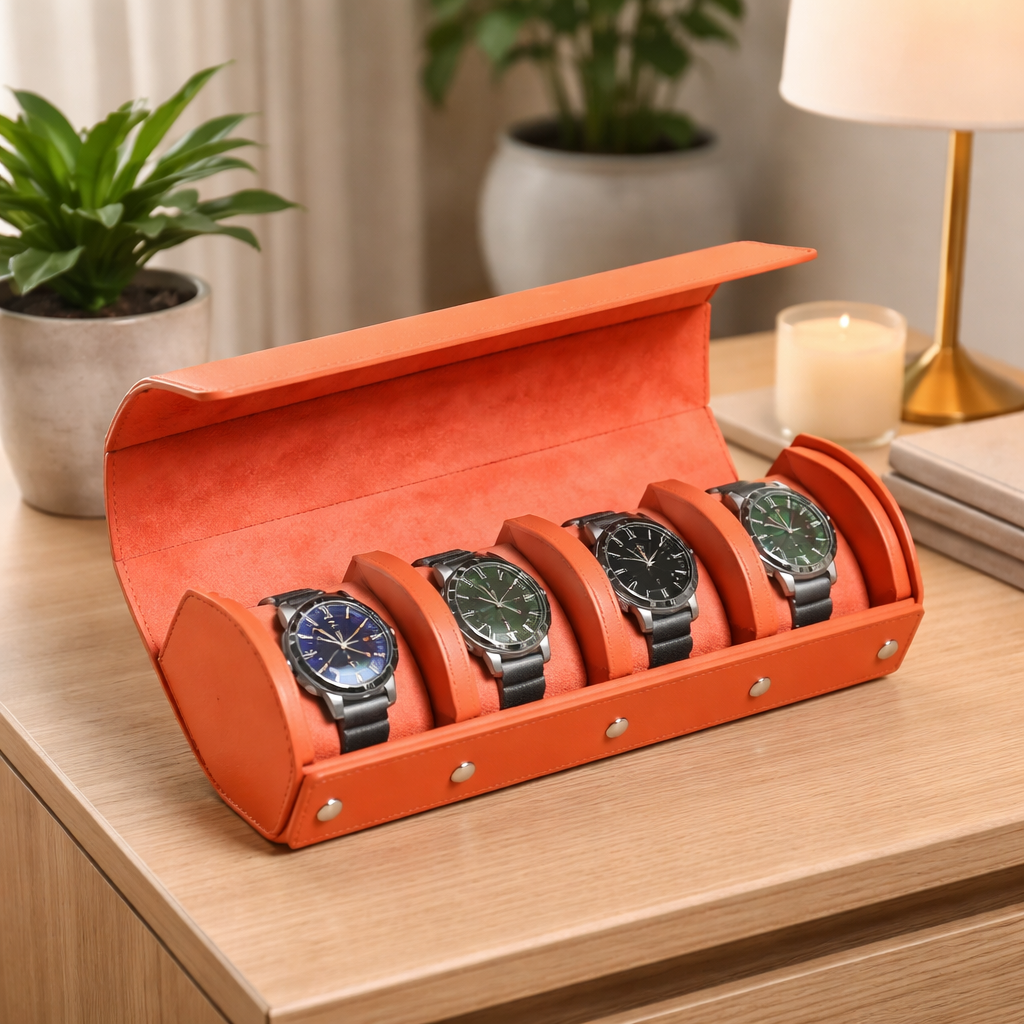 Étui Montre Cuir Roulé 4 Places Vintage