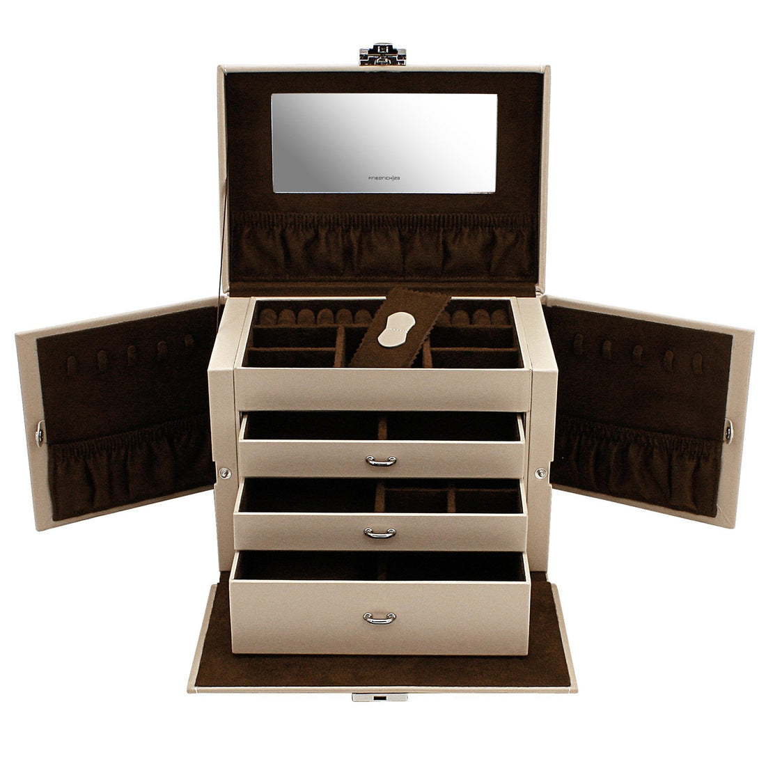 Boîte à bijoux cuir XL beige – ouverte, portes et tiroirs dépliés
