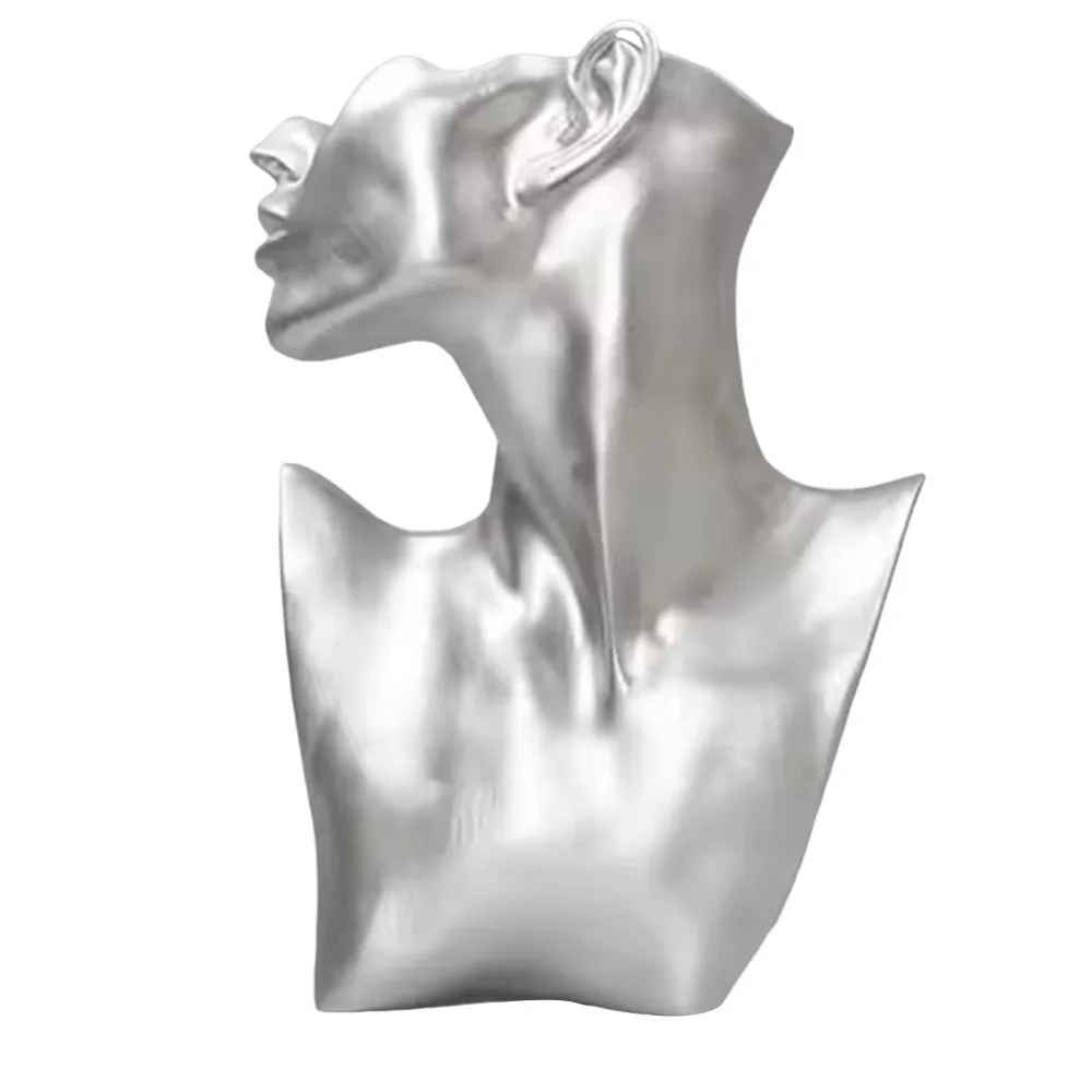 Présentoir collier buste femme argenté en résine 12cm
