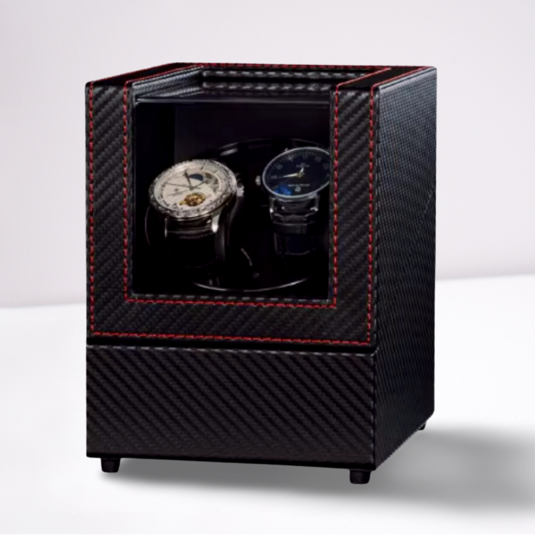 Remontoir 2 montres cuir – finition effet carbone à coutures rouges