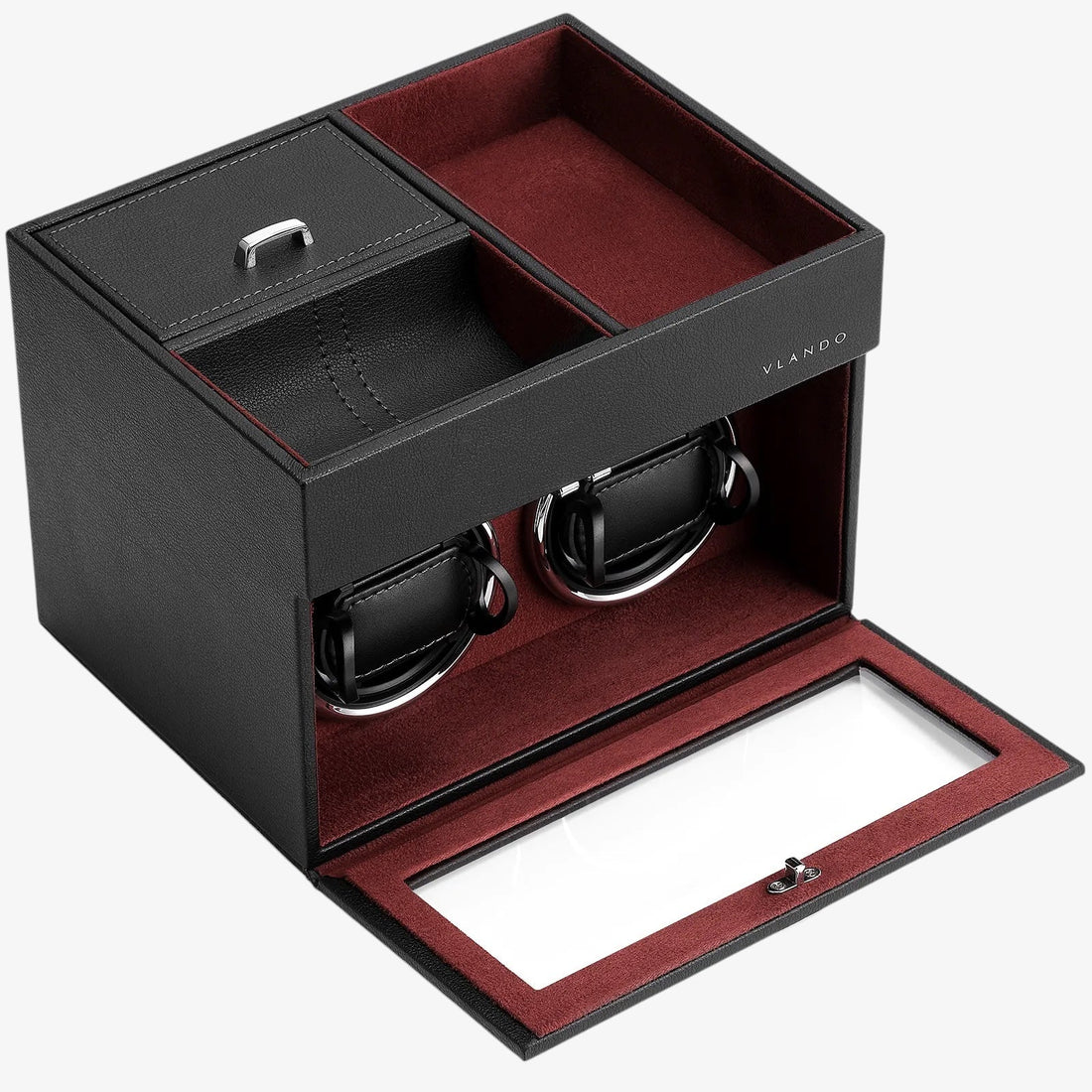 Remontoir 2 montres cuir noir – intérieur bordeaux, porte vitrée ouverte