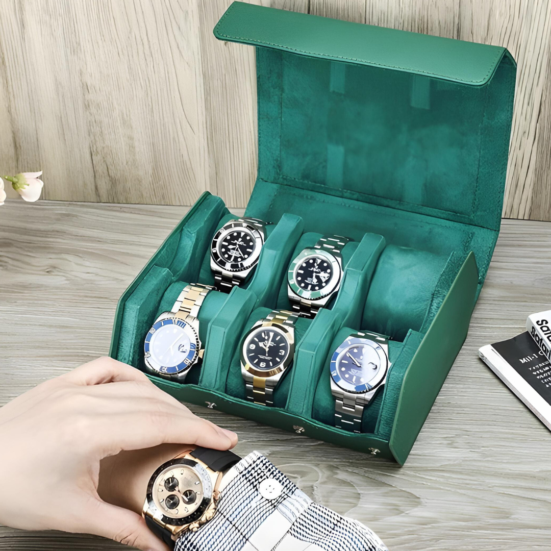 Étui Montre Velours Vert 6 Emplacements