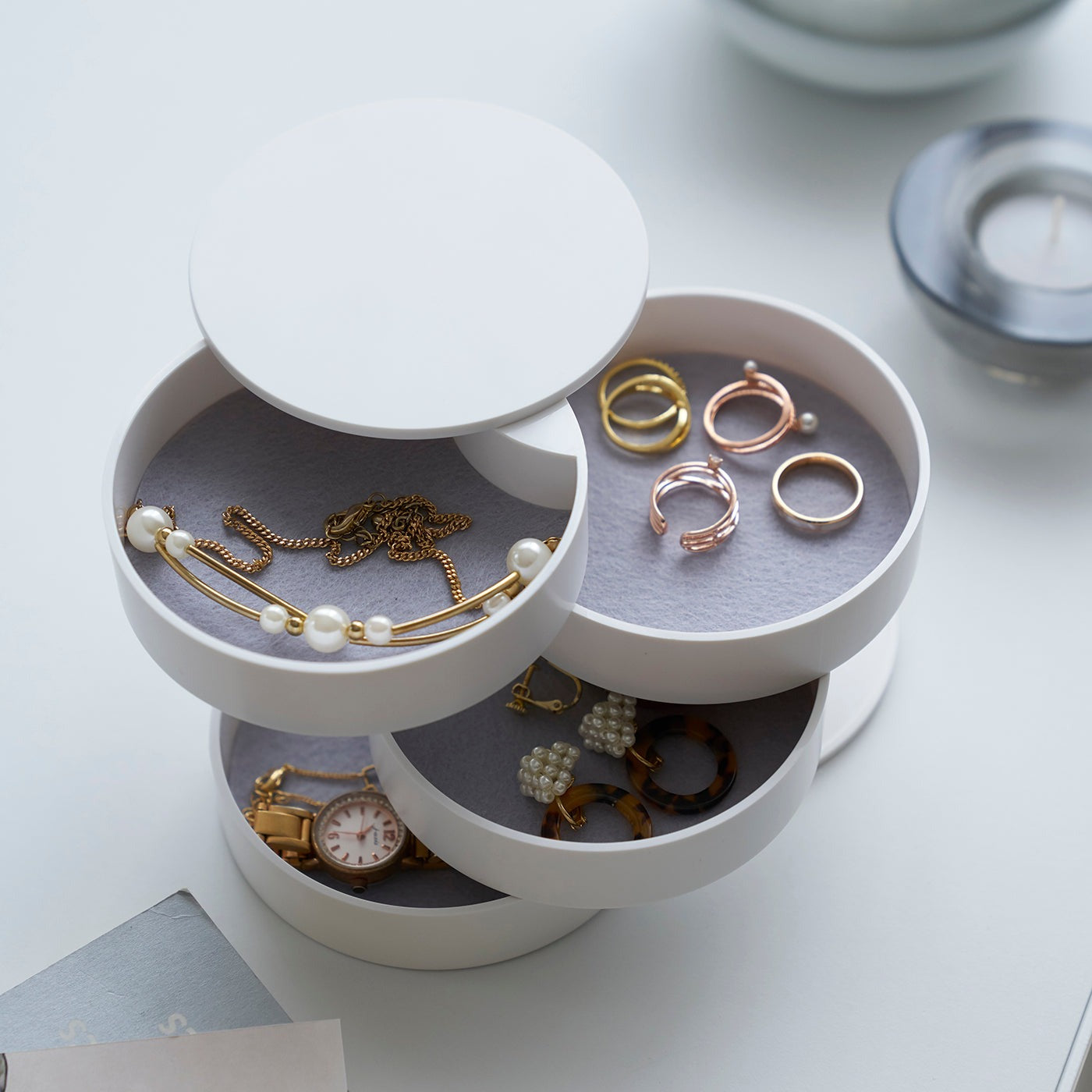 Boîte Bijoux Plastique Rotative 4 Niveaux Ronde