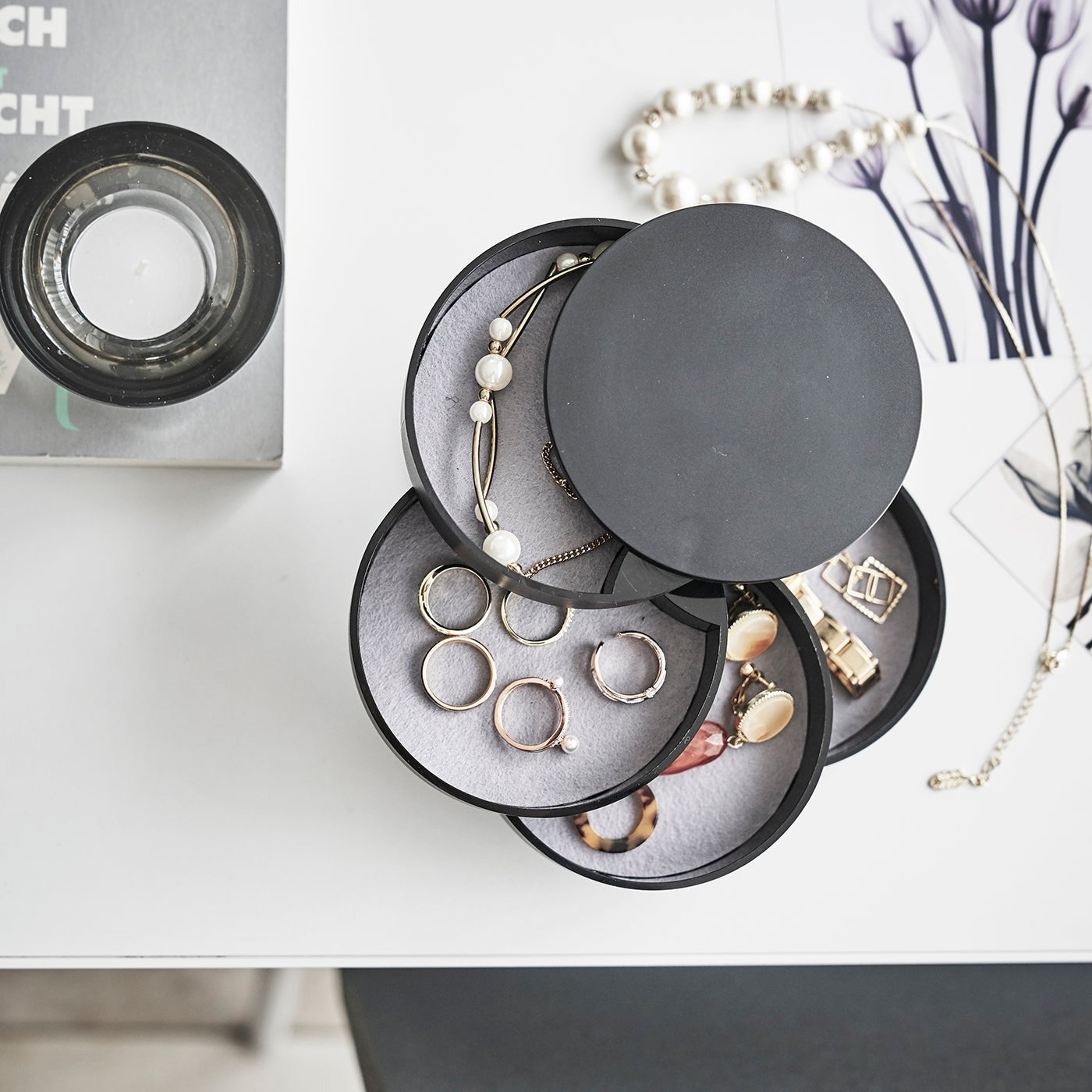 Boîte Bijoux Plastique Rotative 4 Niveaux Ronde