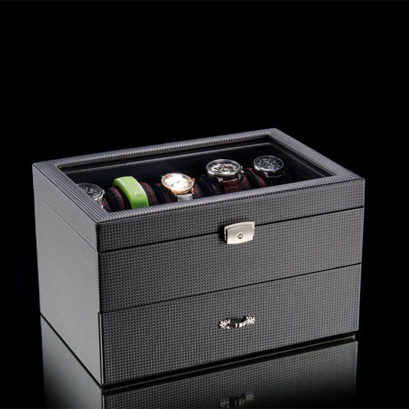 Coffret Montres Carbone Vitrine Verre Transparent