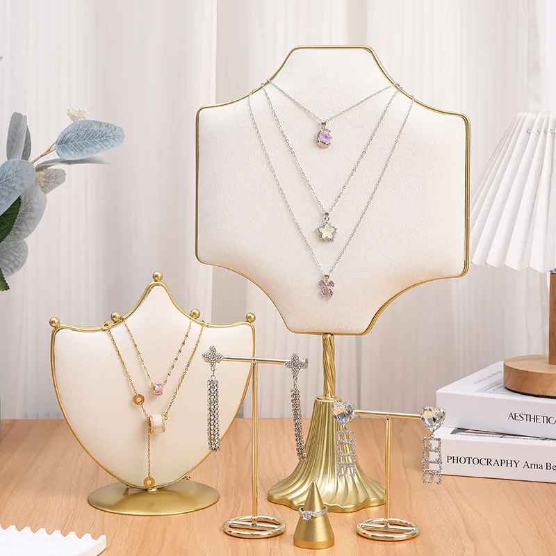 Presentoir à bijoux design velours Beige &amp; doré Croix Floral